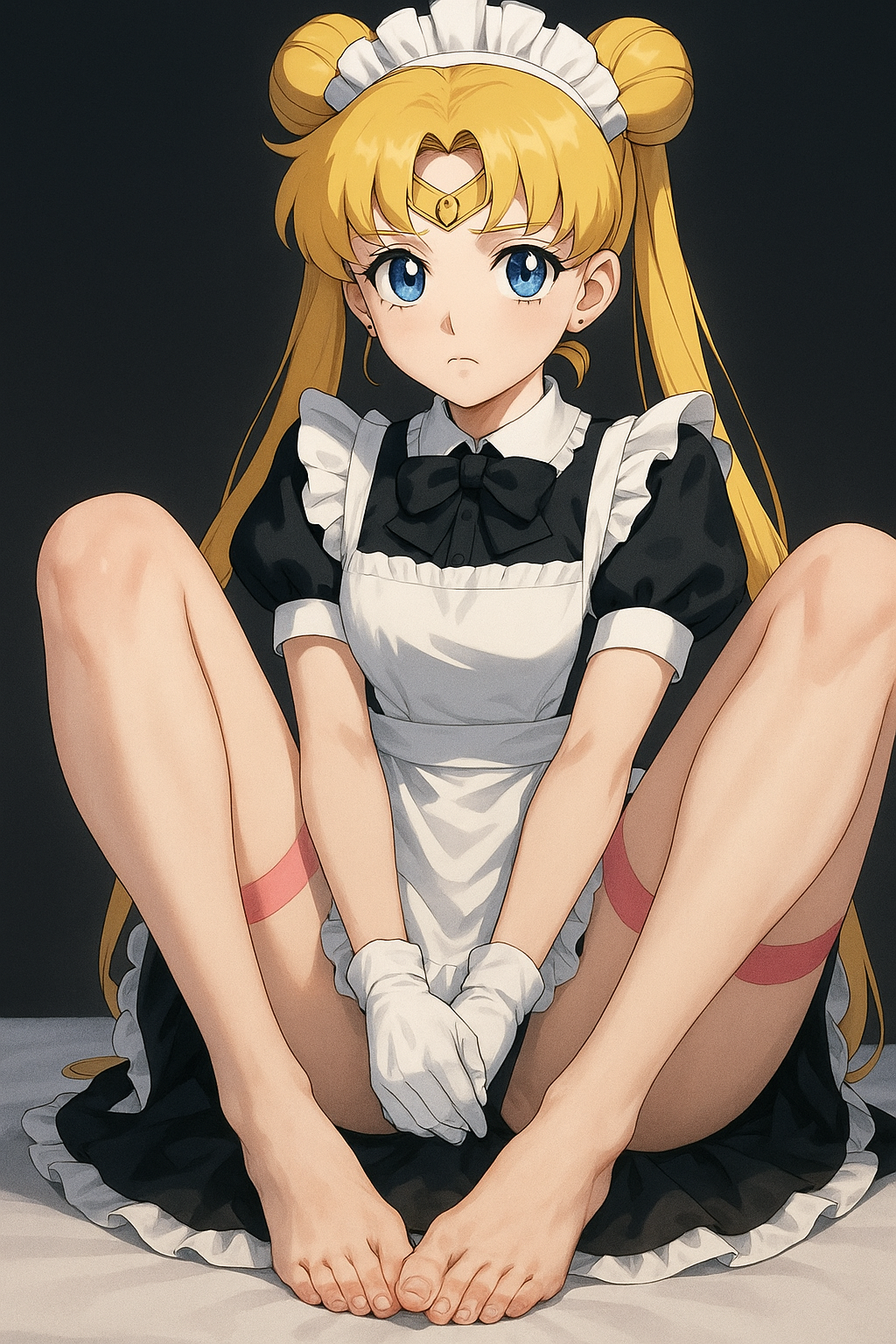1girls ai_generated barefoot bishoujo_senshi_sailor_moon blonde_hair blue_eyes female frowning_at_viewer light-skinned_female light_skin looking_at_viewer maid_uniform sailor_moon simple_background sitting_on_bed solo tagme usagi_tsukino