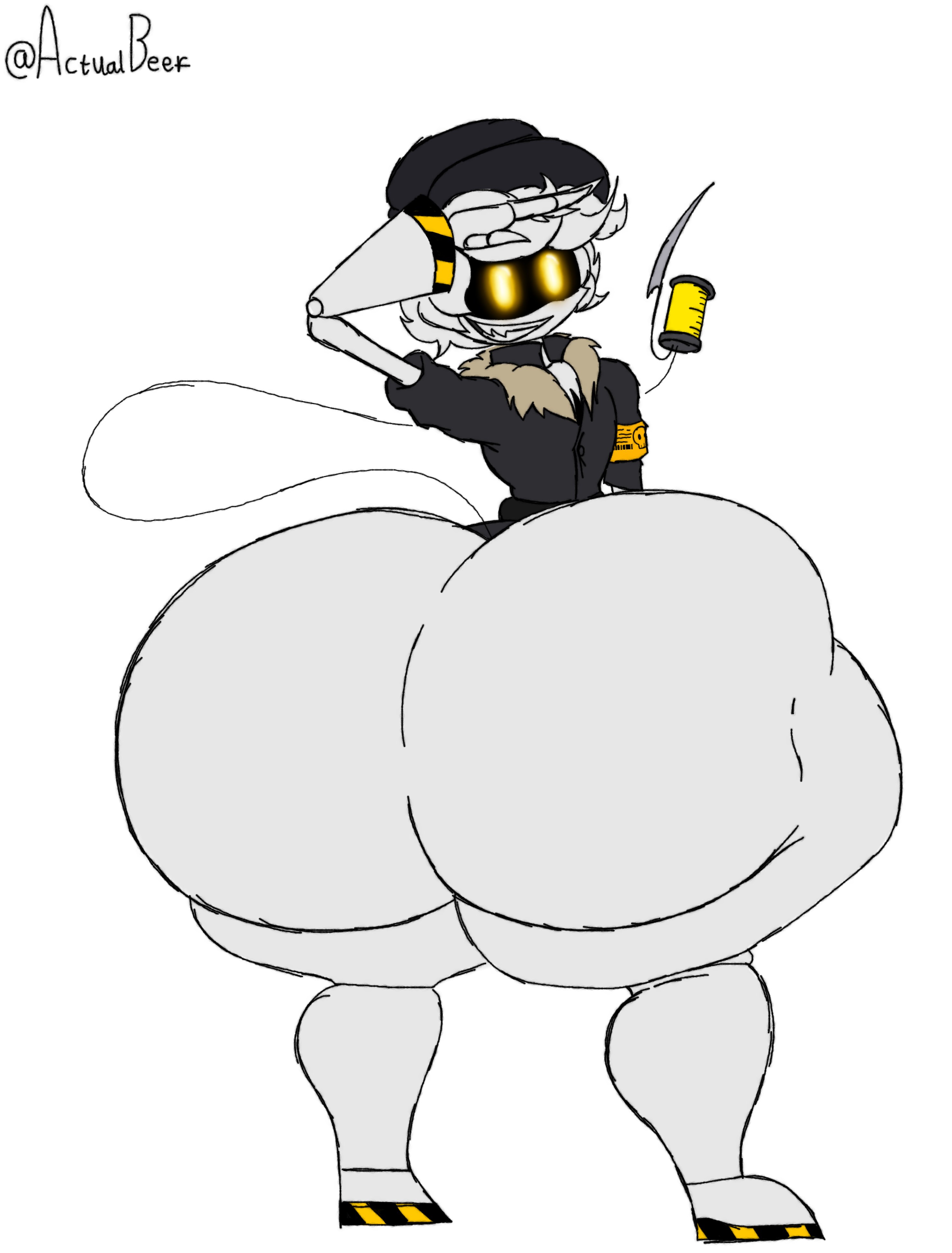 1boy, actualbeef, ass, ass expansion, big ass, big butt, butt, dumptruck ass, dumptruck booty, dumptruck butt, fat ass, fat butt, femboy, gigantic ass, glitch productions, grey hair, grin, hat, hourglass figure, huge ass, huge booty, huge butt, hyper ass, large ass, large butt, looking at viewer, looking back, looking back at viewer, male, male only, massive ass, murder drones, n (murder drones), robot, solo, tail, thick ass, thick butt, thick thighs, white background, wide hips, yellow eyes