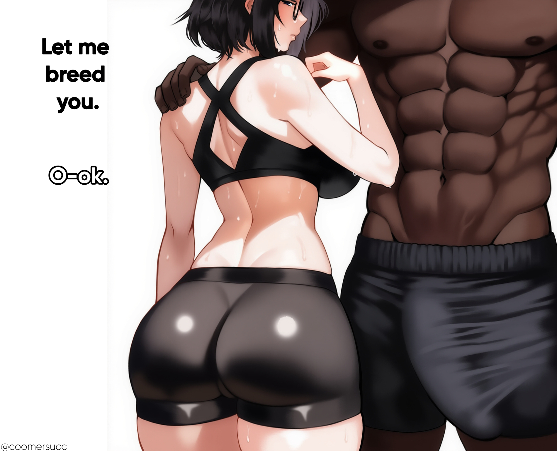 1boy, 1girls, abs, ai generated, ass, ass focus, back, back view, bare arms, bare legs, bare shoulders, bare thighs, big ass, big breasts, big butt, big penis, black hair, blush, breasts, bulge, color, coomersucc, dark skin, dark-skinned male, english text, female, hi res, interracial, large breasts, light skin, light-skinned female, male, male/female, muscles, muscular, muscular male, original character, penis, text, thick thighs