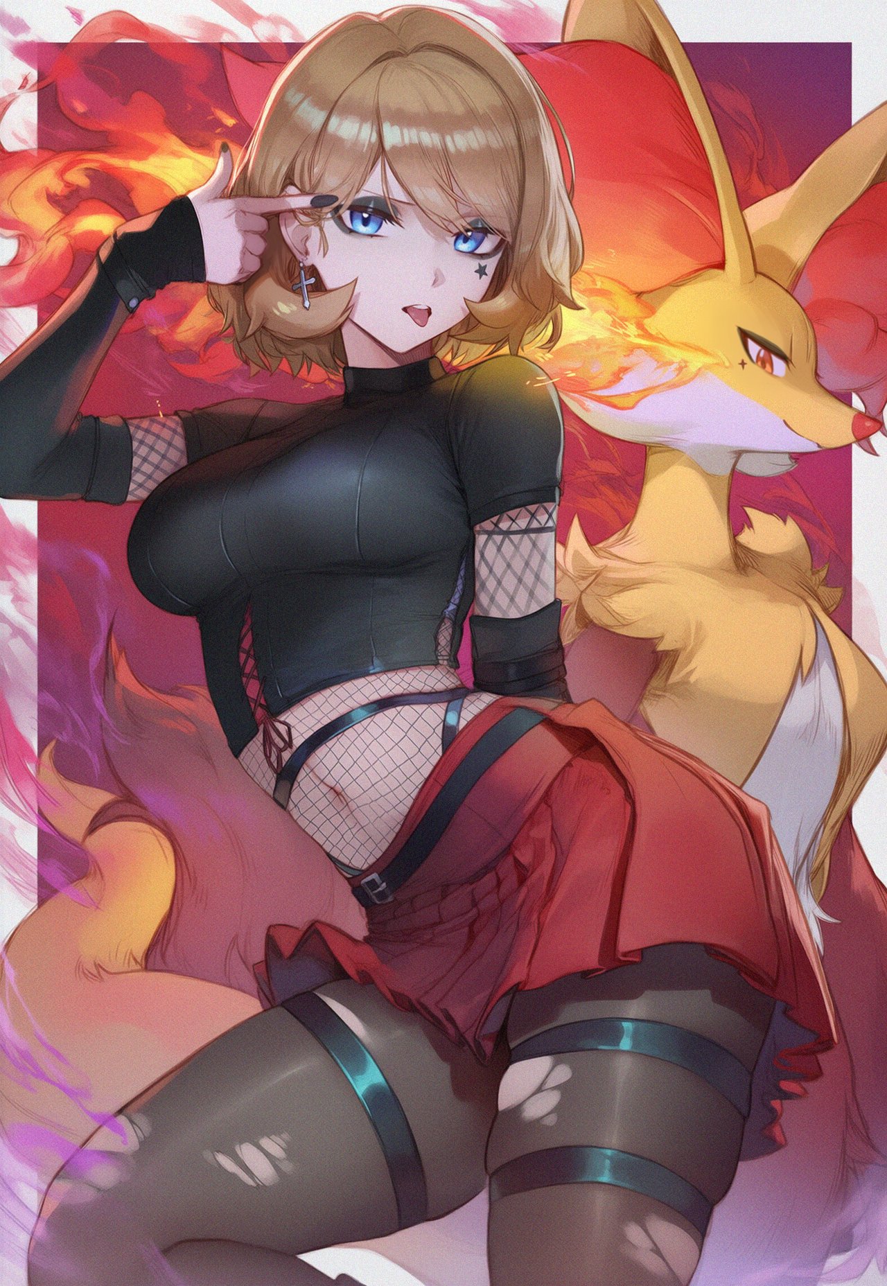 1girls, ai generated, black eyeshadow, black nails, breasts, cleavage, delphox, eyeshadow, female, female focus, female only, goth, goth girl, large breasts, light skin, light-skinned female, looking at viewer, nail polish, nintendo, pokemon, serena (pokemon), setsuaiart, skirt, solo, thighhighs, thighs