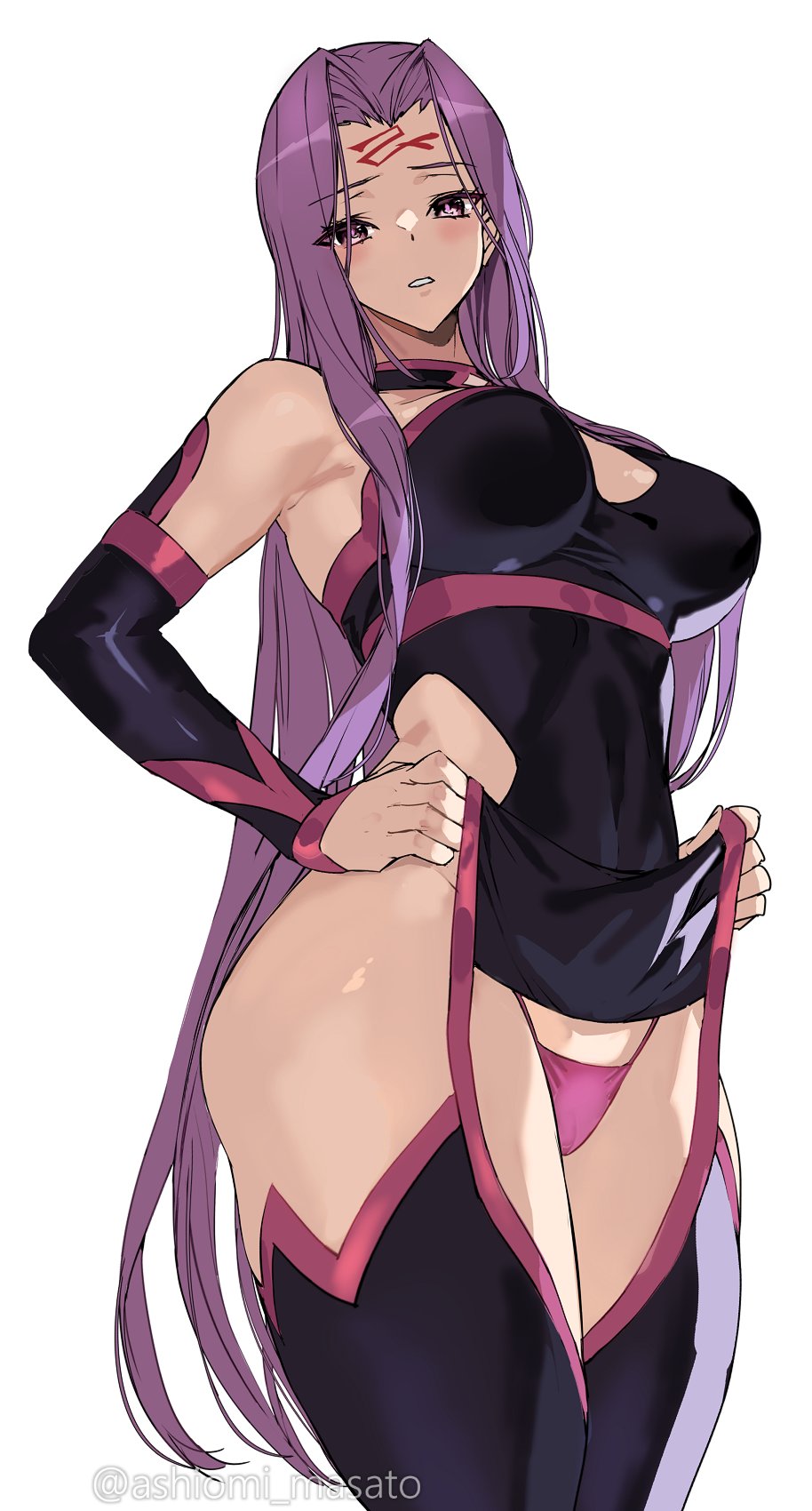 ashiomi masato, bare shoulders, black dress, black thighhighs, breasts, cleavage, collar, detached sleeves, dress, dress lift, facial mark, fate (series), fate/grand order, fate/stay night, female, forehead, forehead mark, highres, large breasts, long hair, looking at viewer, medusa (fate), medusa (rider) (fate), panties, parted bangs, pink panties, pink thong, purple eyes, purple hair, short dress, sidelocks, solo, thighhighs, thighs, thong, very long hair