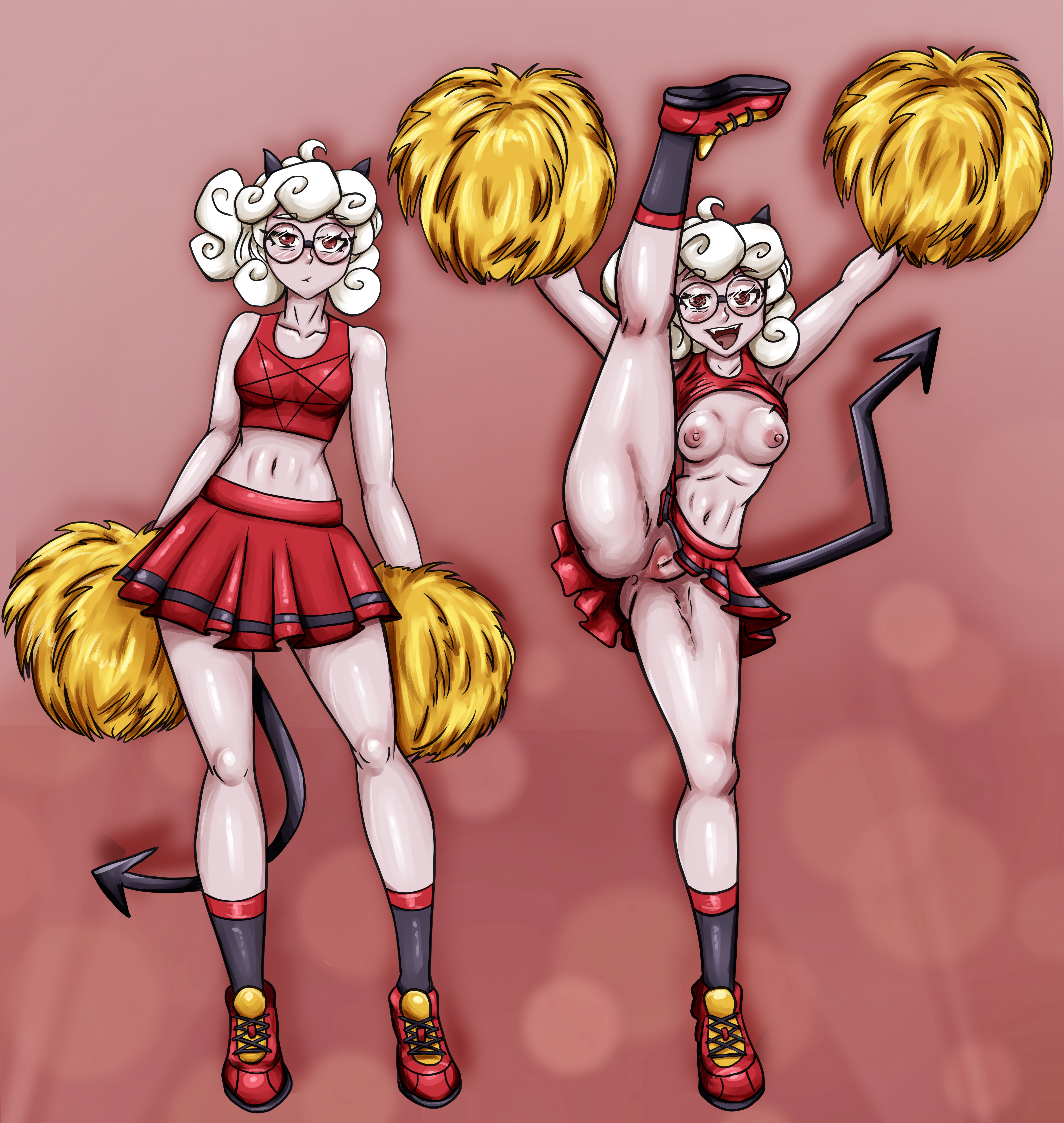 before and after, cheerleader, demon, demon girl, female, glasses, helltaker, horns, hypnosis, kyunamaori, pandemonica (helltaker), solo, tail