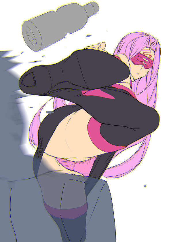 1boy, ashiomi masato, ass, bare shoulders, bottle, breasts, closed mouth, dress, facial mark, fate (series), fate/grand order, fate/stay night, female, kicking, long hair, male, medusa (fate), medusa (rider) (fate), panties, pantyshot, pantyshot (kicking), pink panties, purple hair, simple background, strapless, strapless dress, thighhighs, underwear, white background