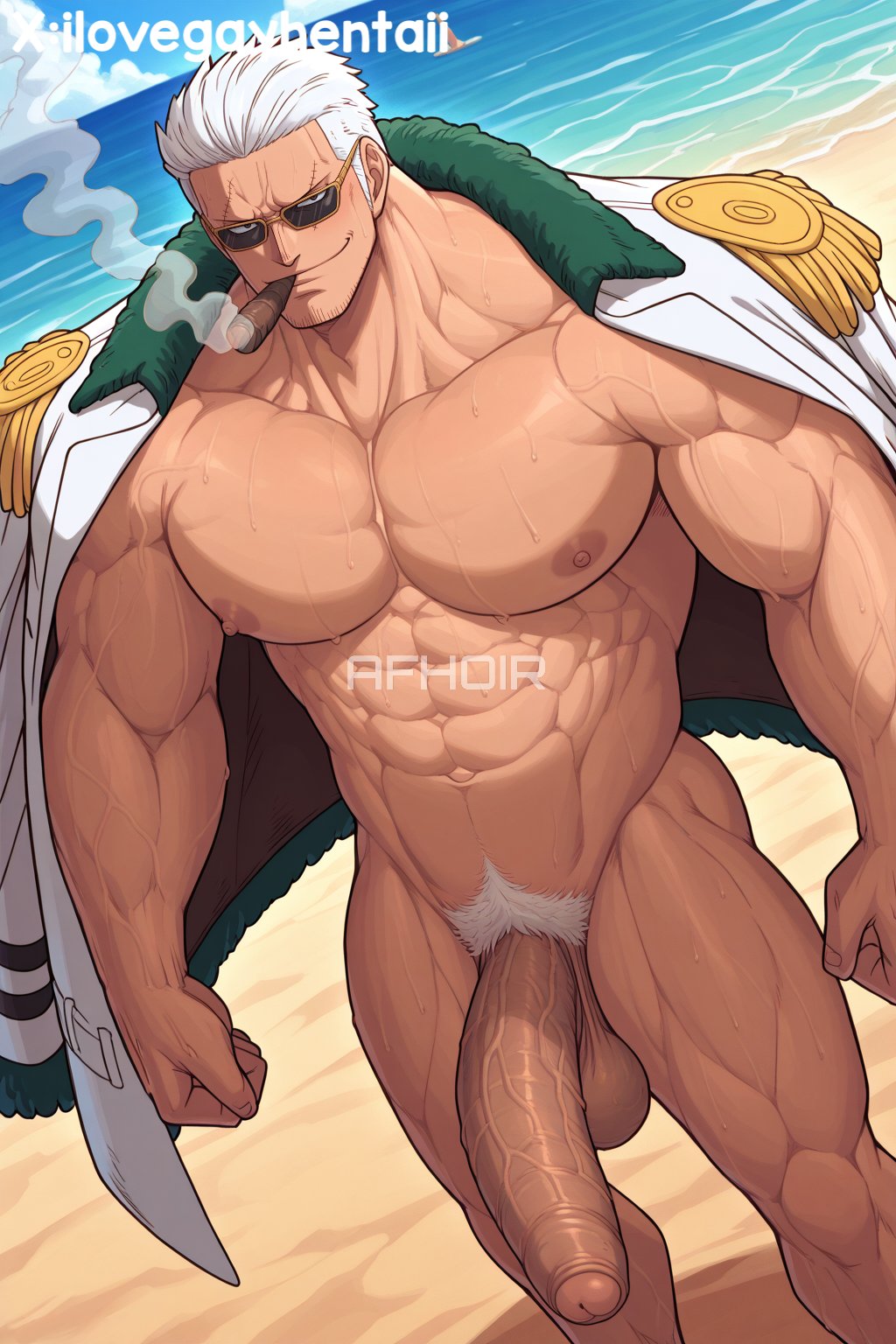 1boy, abs, afhoir , ai generated, bara, large penis, male, male only, muscular, muscular male, one piece, pectorals, penis, smoker (one piece), solo, yaoi