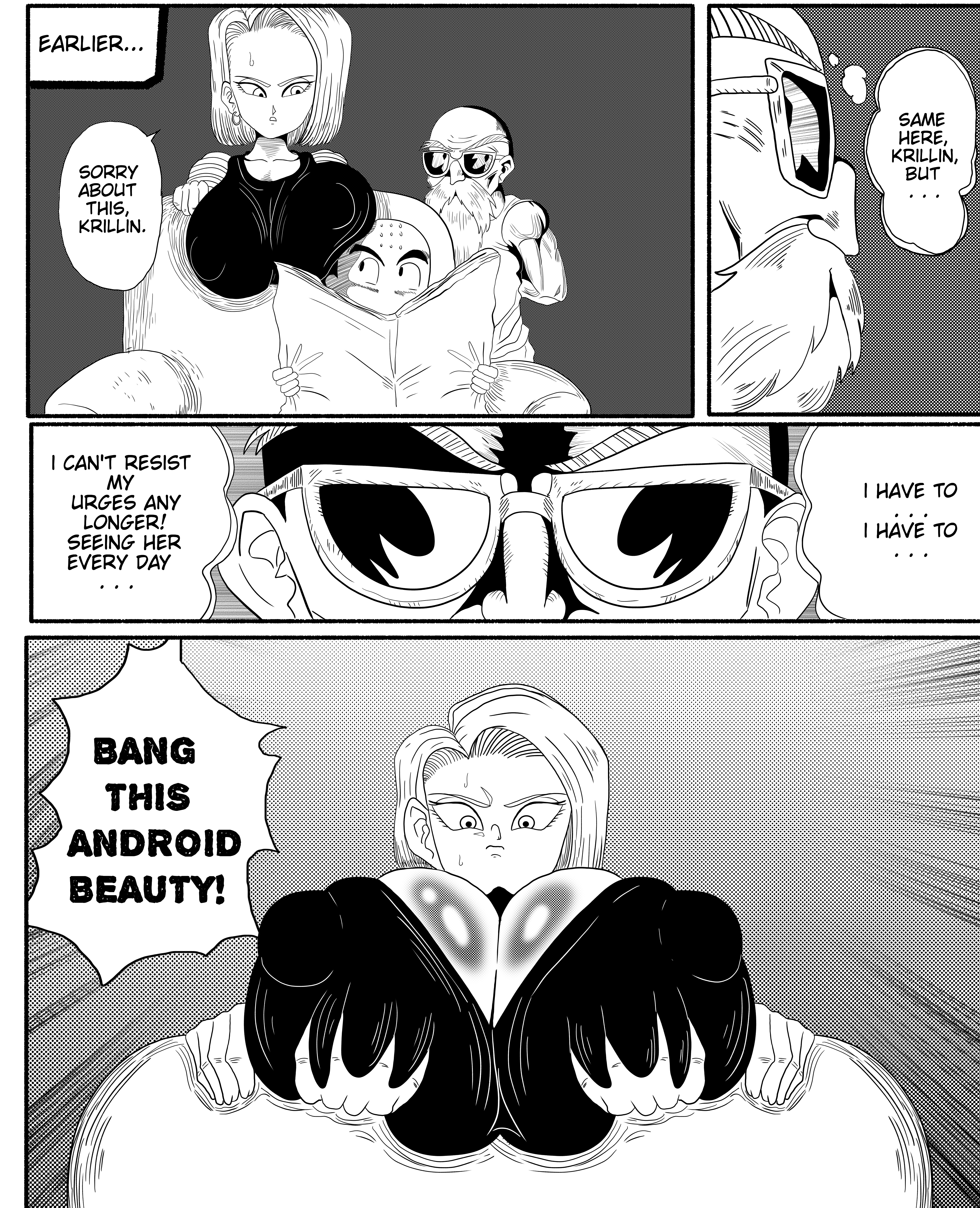 !, 1girls, 2boys, absurdres, age difference, android 18, armchair, bald, beard, body blush, breast grab, breast rest, breasts, breasts on head, cheating, cheating wife, cleavage, clothed, comic, cuckold, dialogue, doompypomp, dragon ball, dragon ball z, english text, eyewear, facial hair, female, forehead mark, grabbing from behind, highres, huge breasts, human, krillin, kuririn, male, master roshi, monochrome, multiple boys, multiple males, newspaper, old male, older male, speech bubble, straight, sunglasses, sweat, text, thought bubble, younger female