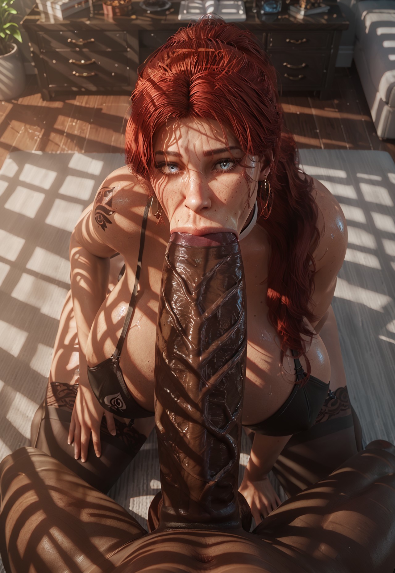 1boy, 1girls, 3d, ai generated, alternate breast size, big breasts, big penis, black clothing, blowjob, bra, breasts, choker, clair obscur: expedition 33, dark skin, dark-skinned male, female, glossy, huge breasts, huge cock, interracial, light skin, light-skinned female, lingerie, maelle (clair obscur: expedition 33), male, masixi, oral, oral sex, panties, penis, pov, pov eye contact, red hair, stockings, tagme, thick penis, veiny penis, wide penis