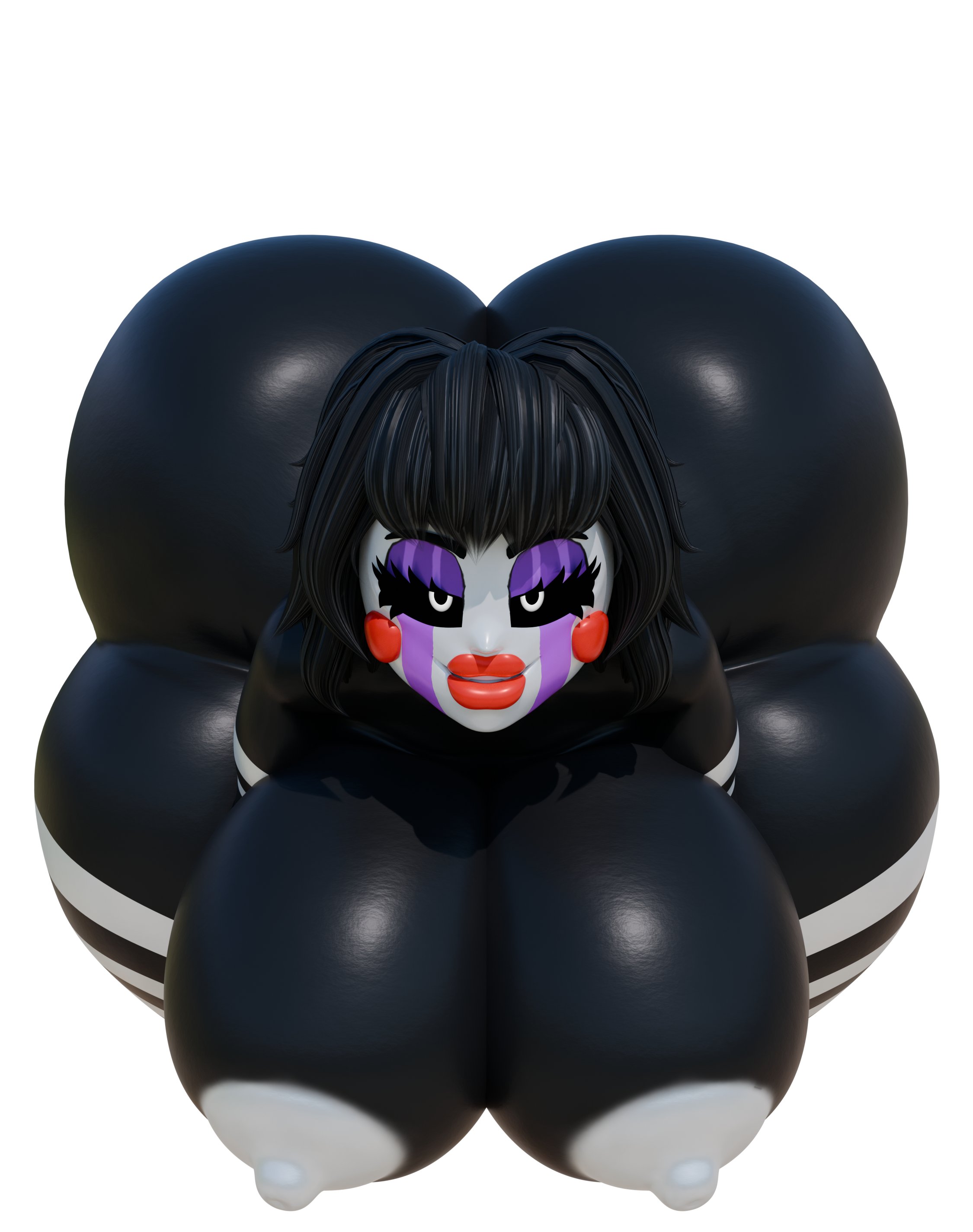 3d, 3d (artwork), areolae, ass, big ass, big breasts, black hair, black skin, breasts, female, female only, five nights at freddy's, five nights at freddy's 2, humanoid, lipstick, looking at viewer, makeup, marionette (fnaf), mfoxe1, nipples, on knees, puppet (fnaf), puppet (thepuppetlover), seductive, seductive smile, solo