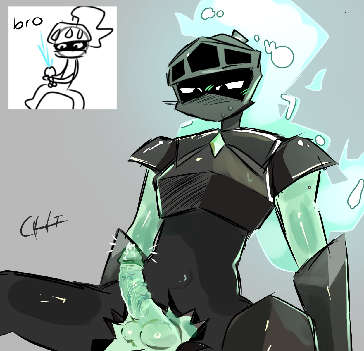 armor, armored male, blush, chithechi, cum, dandy's world, dick, dicks out, legs apart, male, male only, penis, ripped clothing, soulvester, soulvester (dandy's world), spread legs, squint, sweat, torn clothes, veiny penis