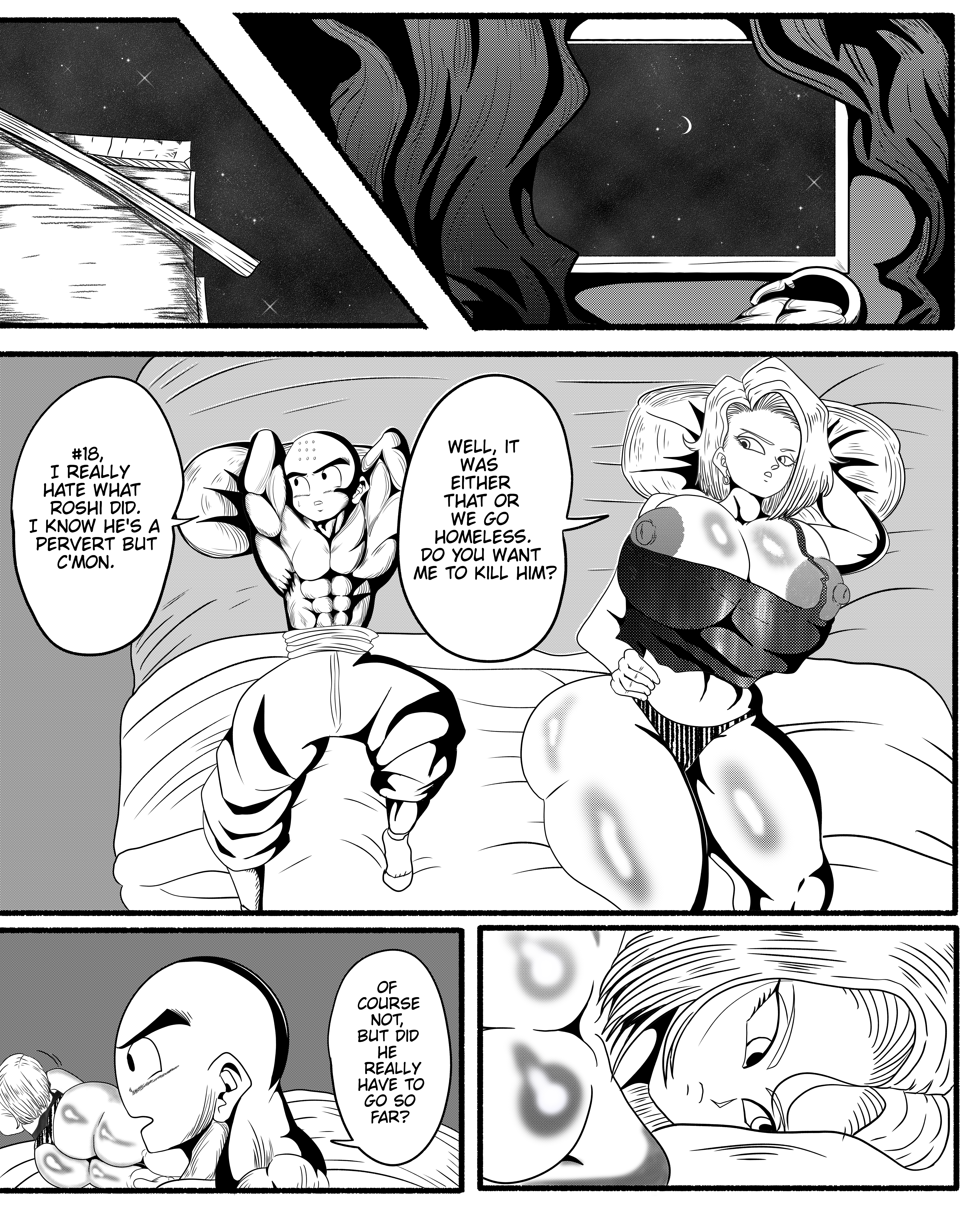 ?, 1boy, 1girls, abs, absurdres, android 18, areolae, ass, bald, bed, biceps, big nipples, body blush, cleavage, comic, dialogue, doompypomp, dragon ball, dragon ball z, duo, earrings, english text, eyelashes, female, frown, hand behind head, hand on hip, highres, huge areolae, huge ass, human, indoors, krillin, kuririn, larger female, looking at another, lying, male, monochrome, muscles, muscular, muscular male, night, nipple slip, nipples, on back, on bed, panties, puffy nipples, short hair, size difference, smaller male, speech bubble, sweat, text, tube top, voluptuous