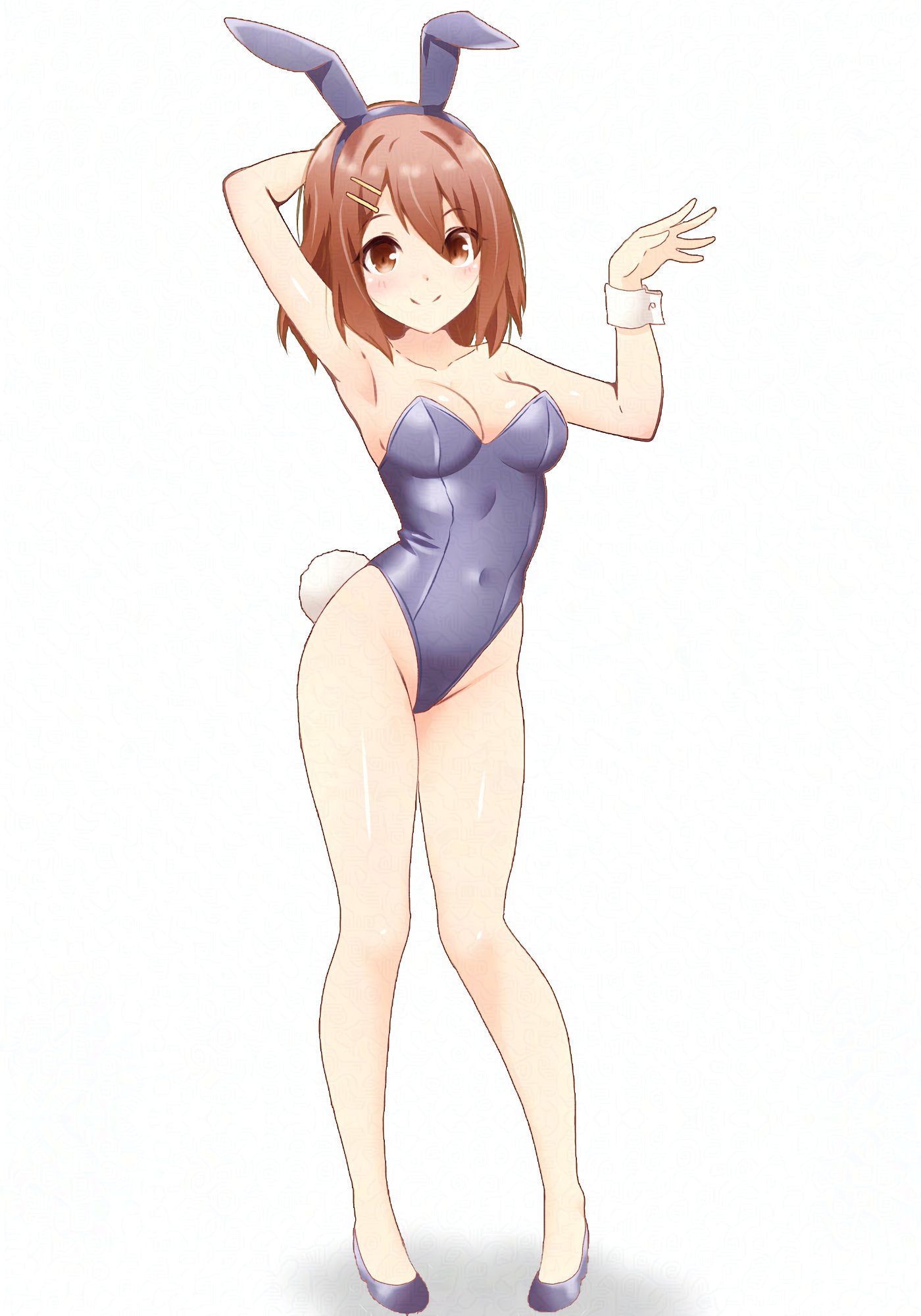 brown eyes, brown hair, bunnysuit, female, hand behind head, hitorilily, k-on!, simple background, smiling at viewer, tagme, yui hirasawa (k-on!)
