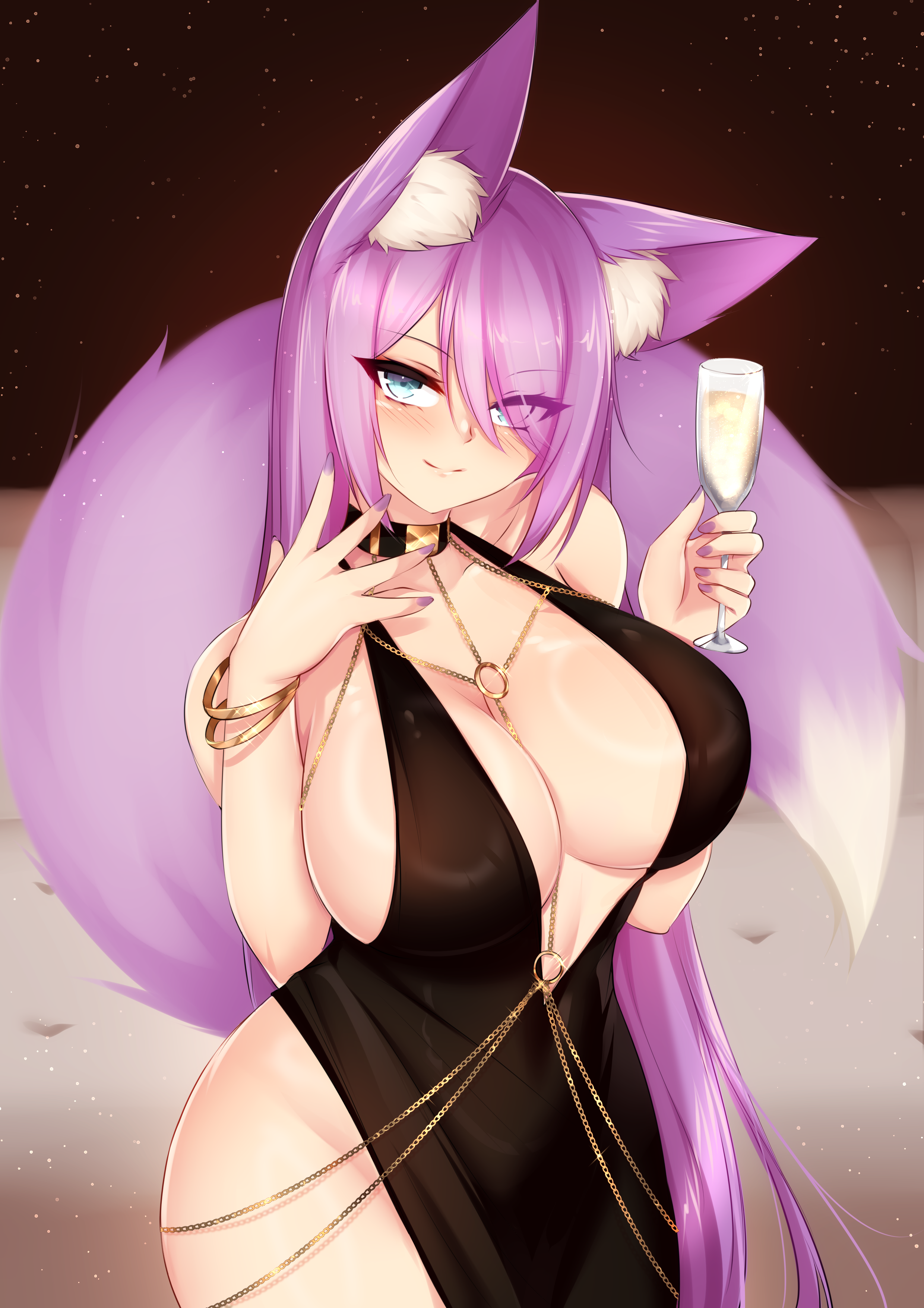 1girls, big breast, big breasts, black dress, blue eyes, breasts, dirtykuro, evening dress, female, female only, foxykuro, hair covering eye, hair covering one eye, hair over eye, hair over one eye, huge breast, huge breasts, kuro (foxykuro), large breast, large breasts, long purple hair, long-haired female, purple hair, purple-haired female
