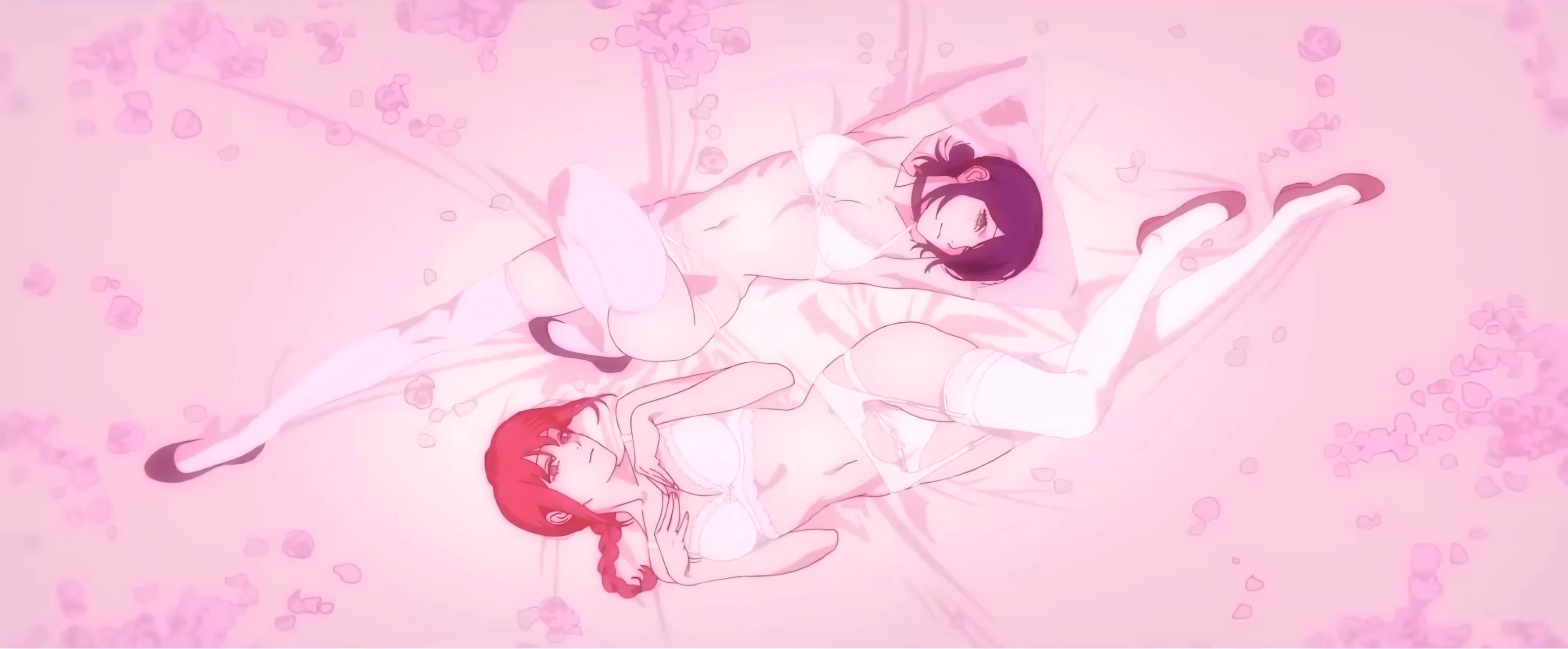 breasts, chainsaw man, female, female only, lingerie, lying on bed, makima (chainsaw man), mappa, no sex, official art, purple hair, red hair, reze (chainsaw man), stockings, white legwear, white panties