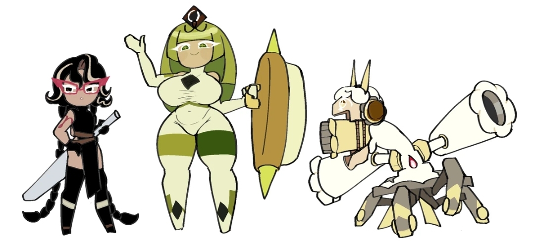 3girls, big breasts, breasts, choco drizzle cookie, cookie run, cookie run kingdom, dracoarcto, female, green hair, green tea mousse cookie, machine, pudding a la mode cookie, robot