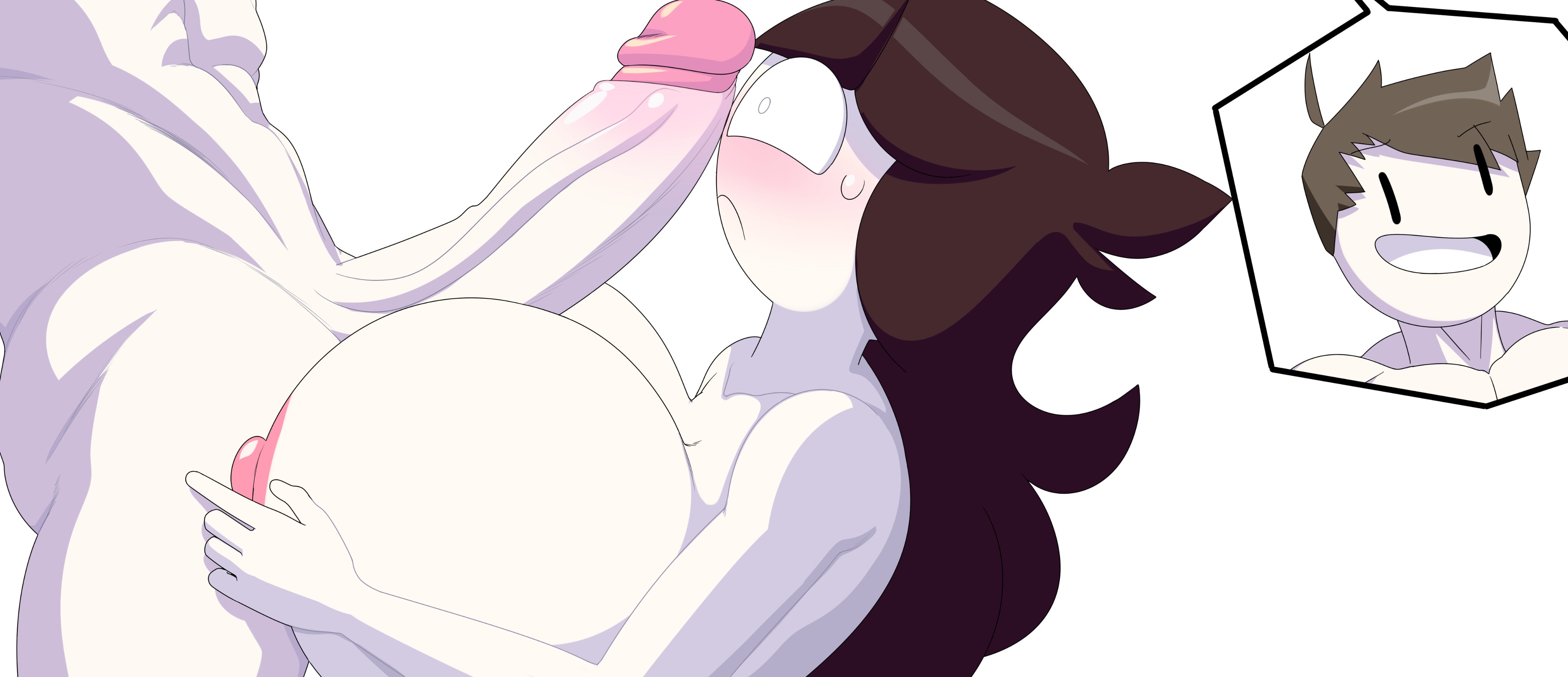 1boy, 1girls, aged up, big breasts, big penis, black eyes, blush, blushing, blushing at partner, breasts, brown hair, female, huge breasts, huge cock, jaiden, jaiden animations, jaidenanimations, looking at another, looking at partner, looking up, male, naked, naked female, naked male, nervous, not ready, nude, nude female, nude male, paizuri, penis, scared, scared expression, scarf boy, straight, turboranger, white body, white skin, youtube, youtuber