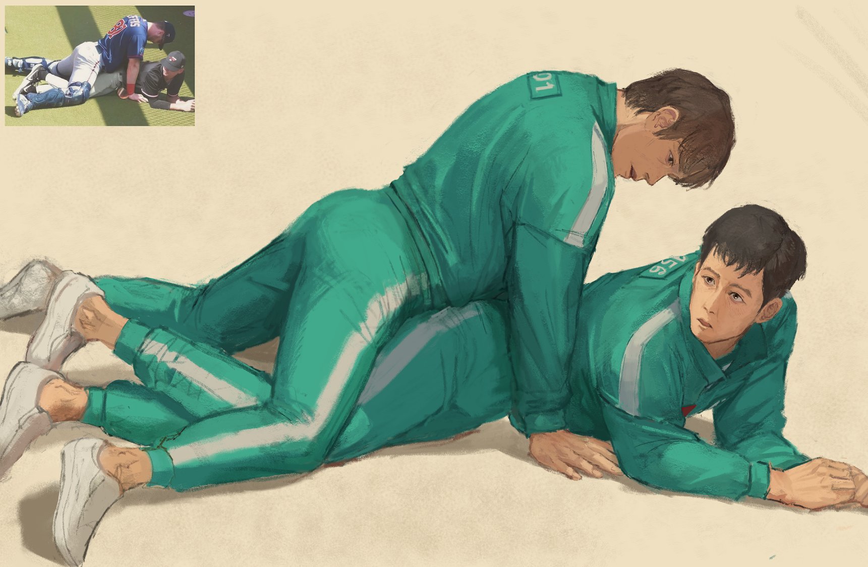 accident, accidental circumstance, black hair, brown eyes, brown hair, bulge, clothed, confusion, from behind, from behind position, grinding, grinding through clothes, humor, hwang in-ho, laying on floor, male, male focus, male only, male/male, meme, meme reference, on stomach, realistic anatomy, seong gi-hun, shocked, shocked expression, short hair, squid game, track jacket, track suit, yaoi