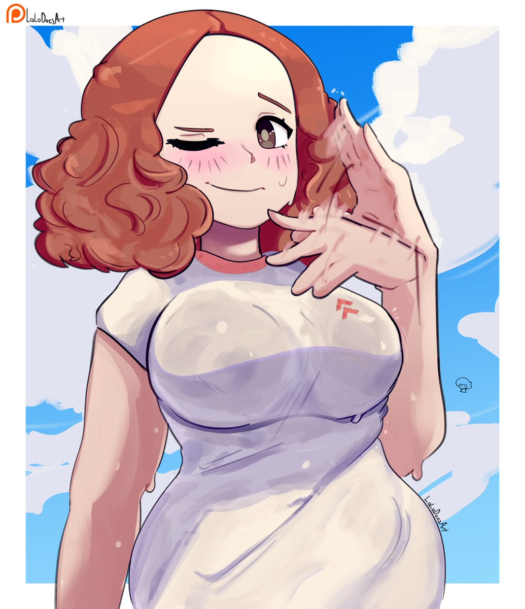 big breasts, breasts, chubby belly, chubby female, fanning self, haru okumura, lalodoesstuff, persona, persona 5, solo focus, sweat, sweaty, sweaty breasts, wide hips