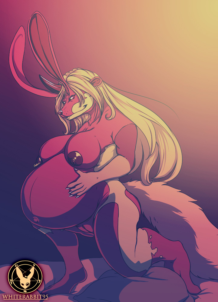 1girls belly big_belly big_ears canine chuby female fox furry hybrid kemono lagomorph mammal pregnant rabbit scarlett scarlett_(whiterabbit95) simple_background solo text whiterabbit95