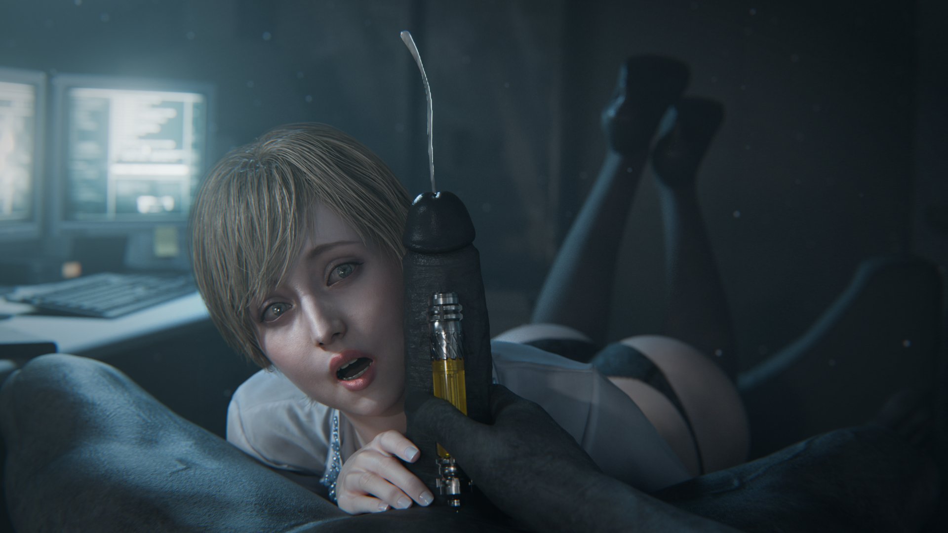 :o, 1boy, 1girl, 1girls, 1male, 3d, 3d (artwork), ass, balls, ballsack, blender, blender (software), blender cycles, blonde, blonde female, blonde hair, blonde hair female, blue eyes, bluelight, bubble ass, bubble butt, butt, capcom, cheeks, cock, cum, cumshot, feet together, feet up, female, female focus, firm ass, high heels, huge cock, huge penis, large cock, large penis, lingerie, lingerie panties, male, medium hair, monster, monster on female, mr x, open mouth, panties, penis, penis awe, penis on face, penis resting on face, resident evil, resident evil 9: requiem, semen, sherry birkin, short hair, stockings, surprise, surprised, surprised expression, surprised face, testicles, the pose, tyrant, vein, veins, veiny, veiny penis