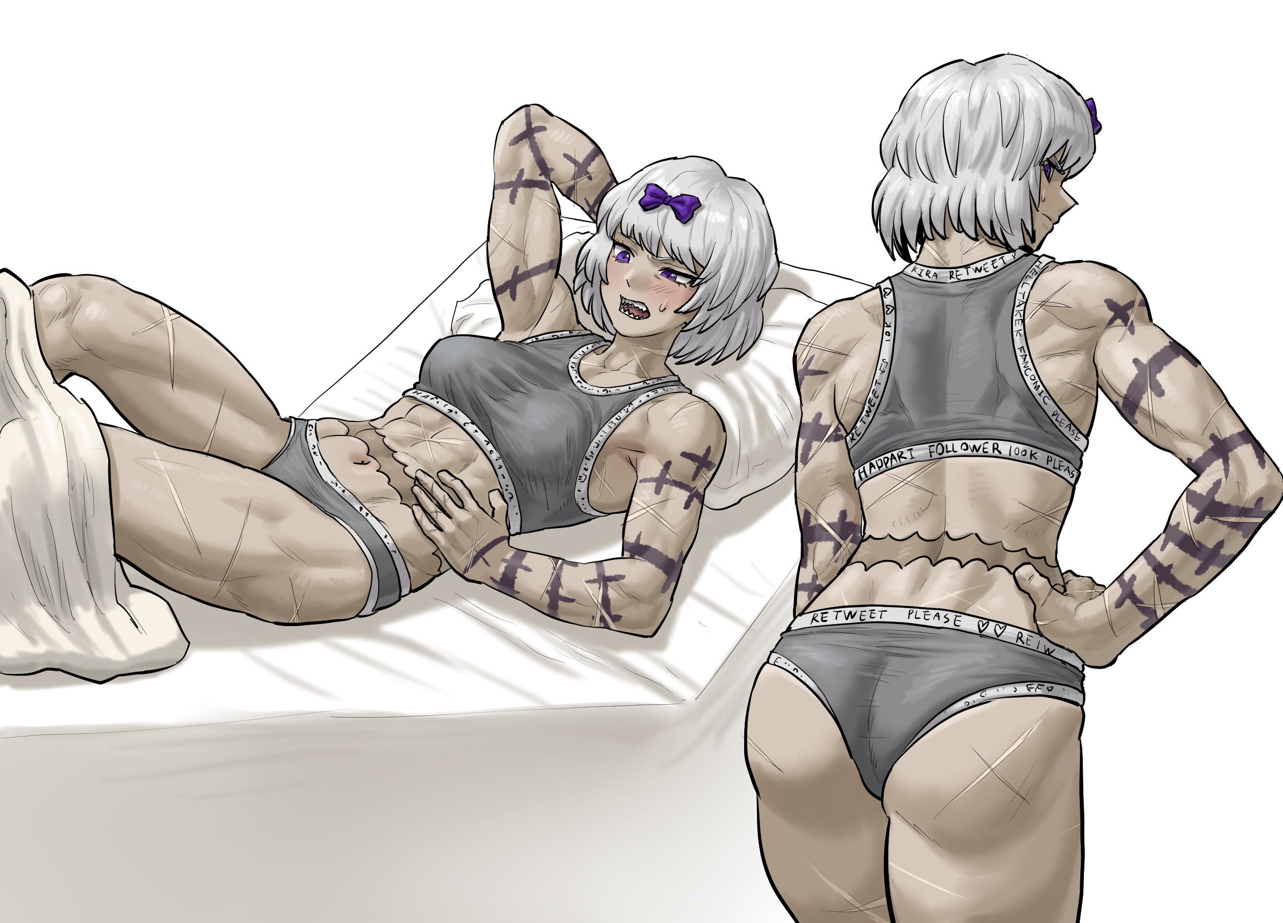 1girls, abs, back view, big ass, blush, bob cut, bow, female focus, hair ribbon, heppari, kira (limbus company), light skin, light-skinned female, limbus company, medium breasts, muscular, muscular female, on bed, project moon, scars, solo female, sports bra, sweat, sweatdrop, tattoo, the middle (identity) (project moon), the middle (project moon), toned, toned female, white background, white hair
