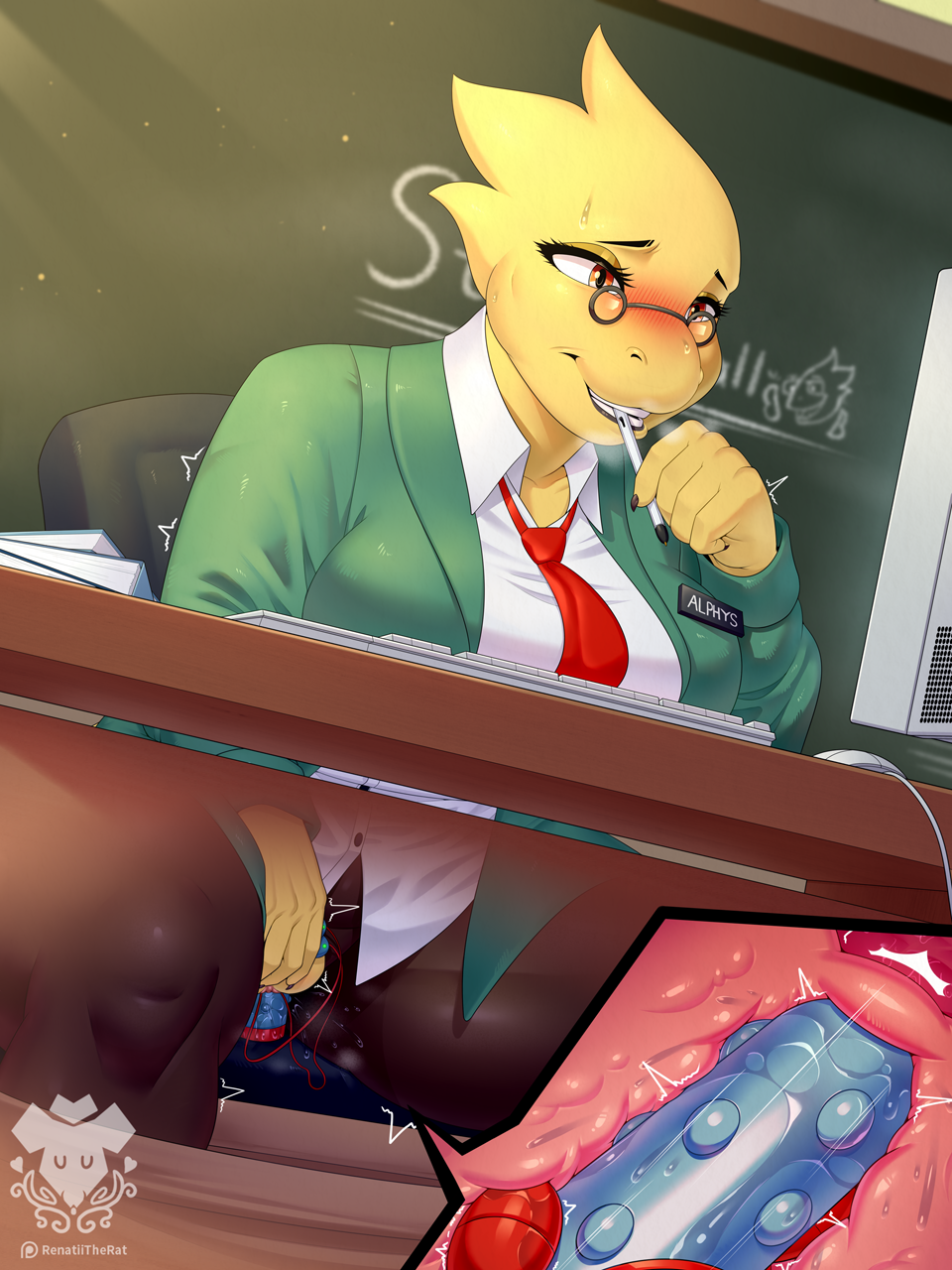 alphys anthro big_breasts blush chalkboard classroom clothed clothing deltarune desk dress_shirt female fully_clothed furniture hi_res internal keyboard leggings legwear lizard masturbation necktie pantyhose pen_in_mouth penetration renatetherat reptile scales scalie school sex_toy sex_toy_in_pussy sex_toy_insertion shirt solo suit table teacher topwear undertale_(series) vaginal_masturbation vaginal_penetration vibrator vibrator_in_pussy yellow_body yellow_scales