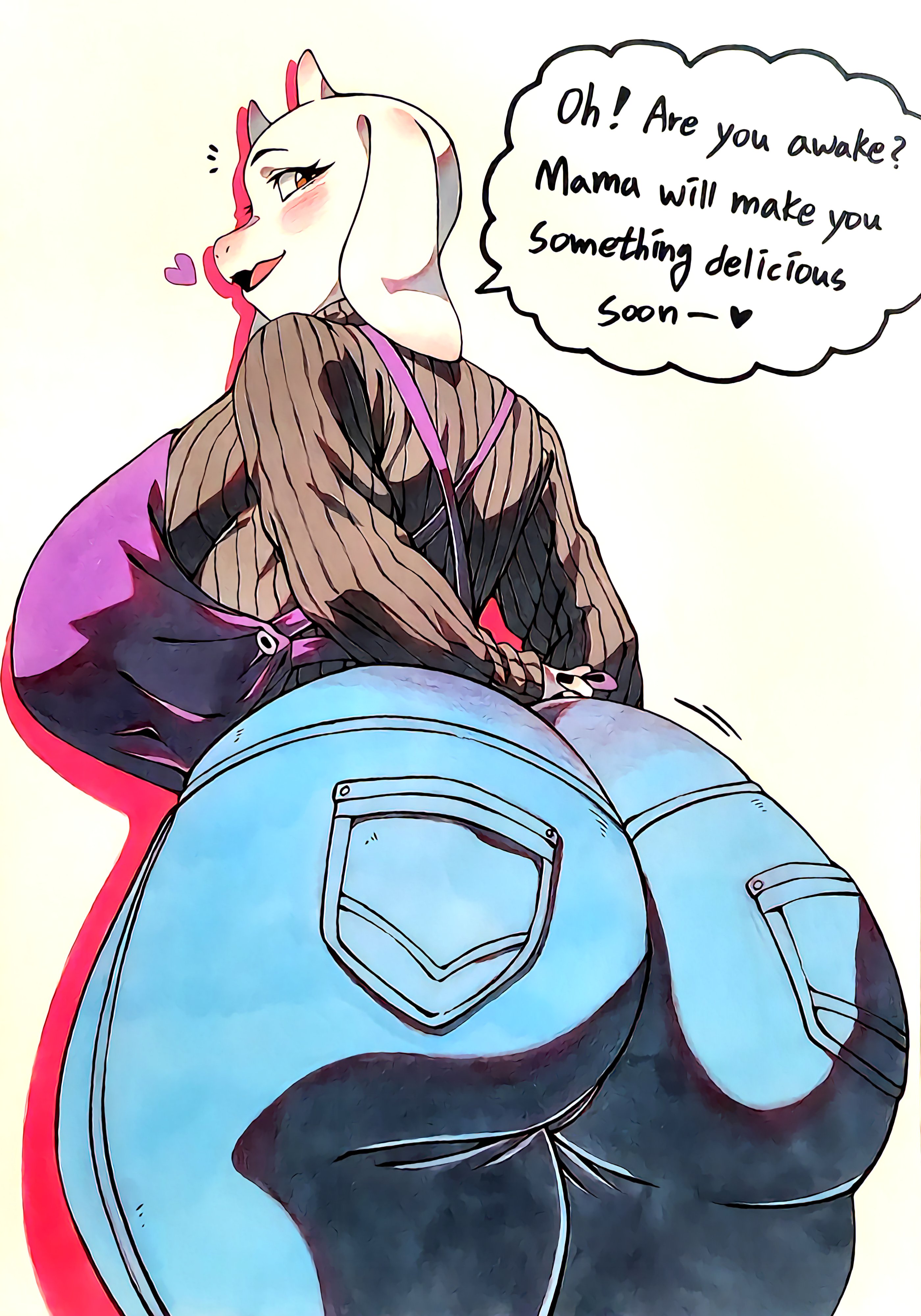 1girls, animal ears, anthro, apron, ass, ass focus, big ass, big breasts, black sweater, blue pants, bottomwear, breasts, brown eyes, clothing, dat ass, english, english text, female, female only, girin, heart, horns, huge ass, huge breasts, jeans, large ass, large breasts, looking back, mature, mature female, mature woman, milf, mother, pants, purple apron, smile, solo, solo female, speech bubble, spoken heart, sweater, text, topwear, toriel, undertale, undertale (series)