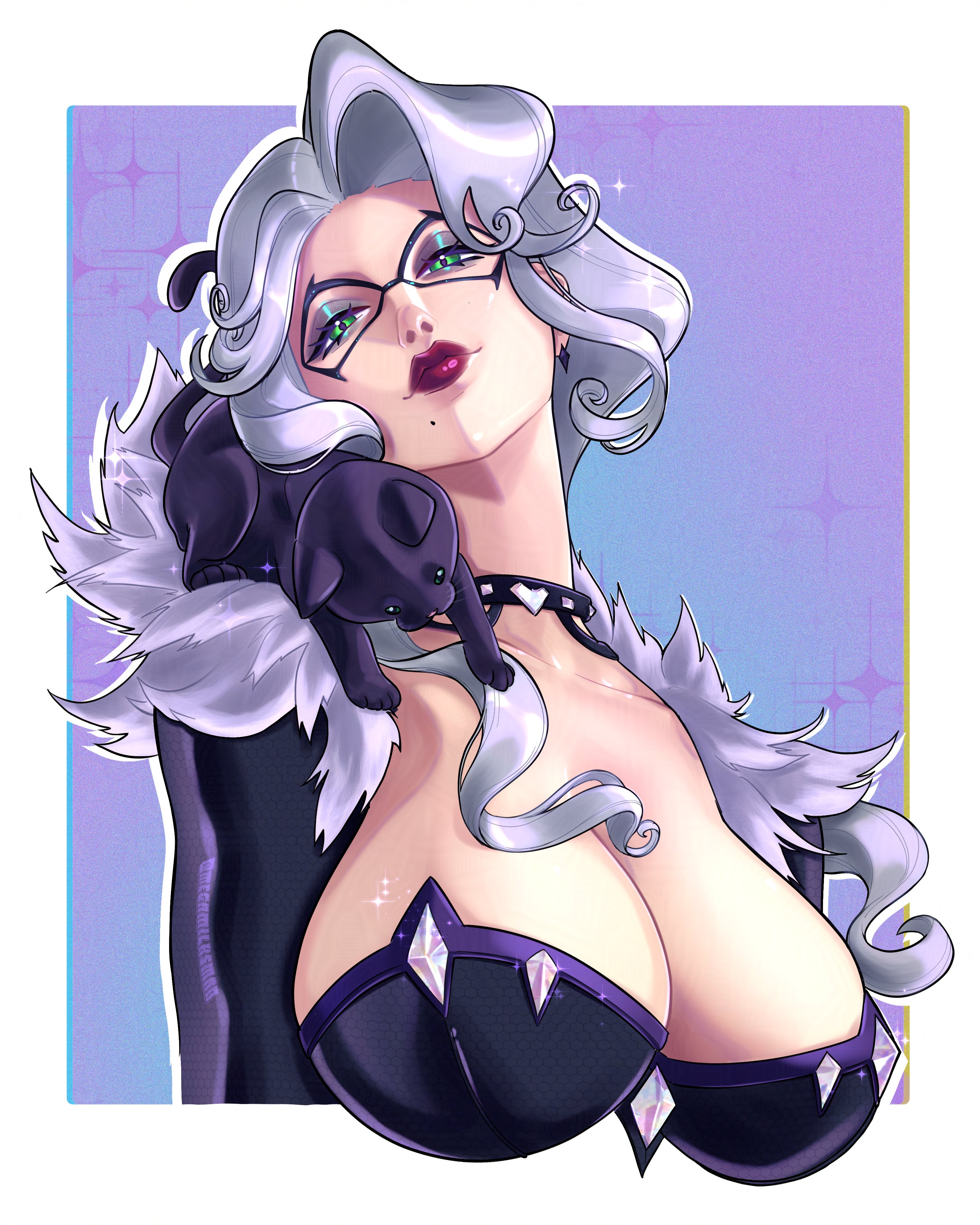 1girls, 2026, 2d, alluring, big breasts, black cat (marvel rivals), black cat (marvel), bodysuit, breasts, bursting breasts, bust portrait, cat, choker, cleavage, collar, color, colored, enticing, eyeshadow, felicia hardy, female, green eyes, high resolution, highres, huge breasts, large breasts, light skin, light-skinned female, looking at viewer, marvel, marvel comics, marvel rivals, massive breasts, megamilksman, pinup, purple lipstick, seducing, seductive, seductive look, skin tight, solo, spider-man (series), teasing, teasing viewer, temptation, tempting, tempting viewer, thick breasts, tight clothes, tight clothing, voluptuous, voluptuous female, white fur, white hair