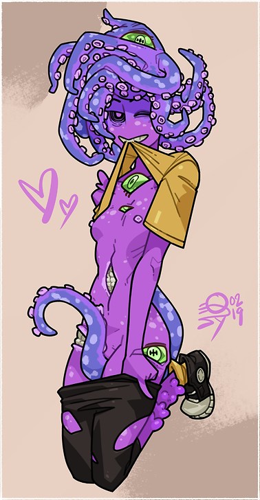 breasts color female female_only fur furry furry_only long_hair monster_prom partially_clothed qsy skirt_lift small_breasts tentacle uncensored undressing wink zoe_(monster_prom)