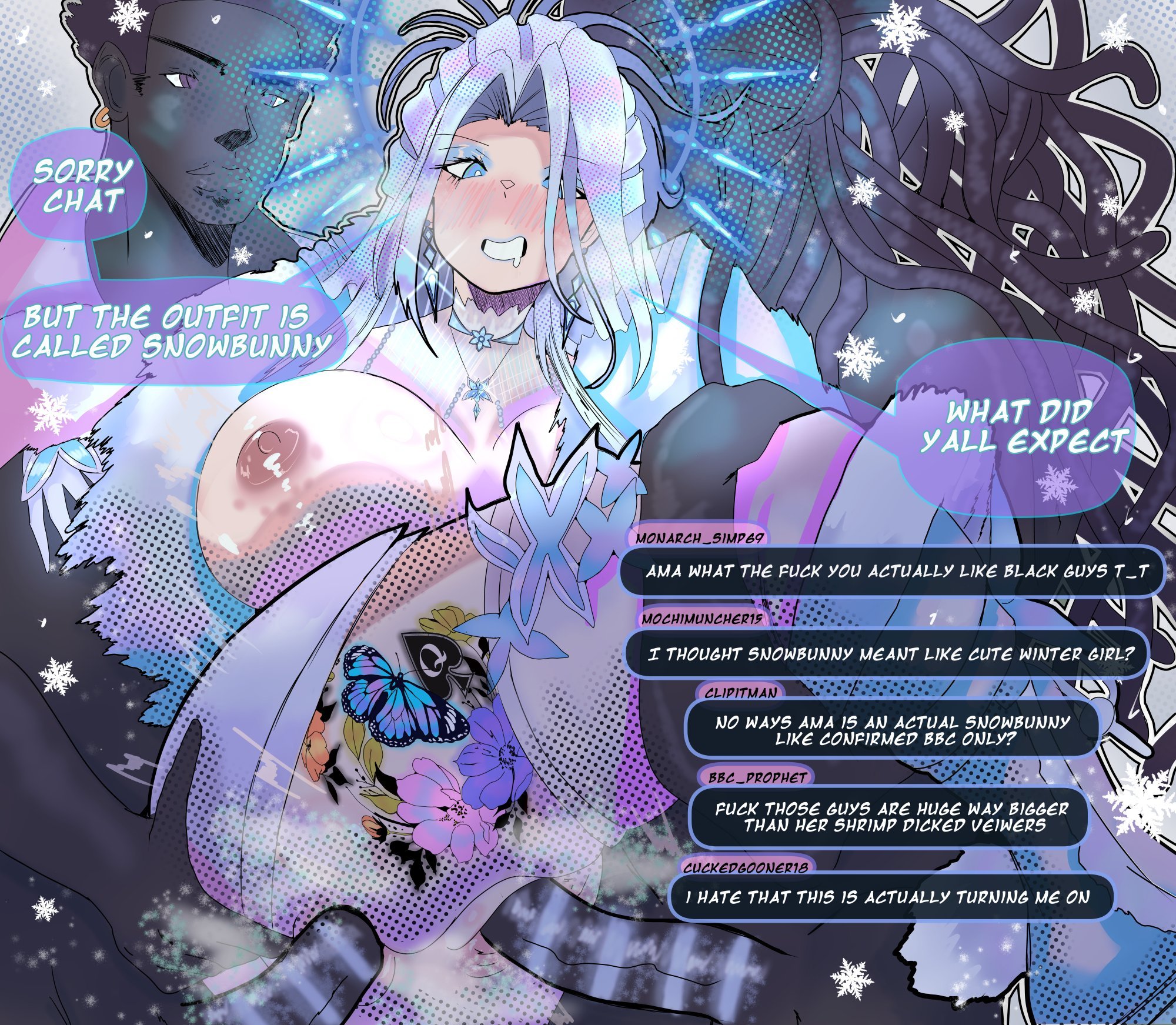 amalee, big penis, blue eyes, cleavage, coat, cuckold, cum, dark-skinned male, dreadlocks, grandarcch, interracial, jewelry, large breasts, lipstick on penis, monarch (amalee), nipples, qos, queen of spades, raceplay, snowbunny, streamer, virtual youtuber, white hair, winter