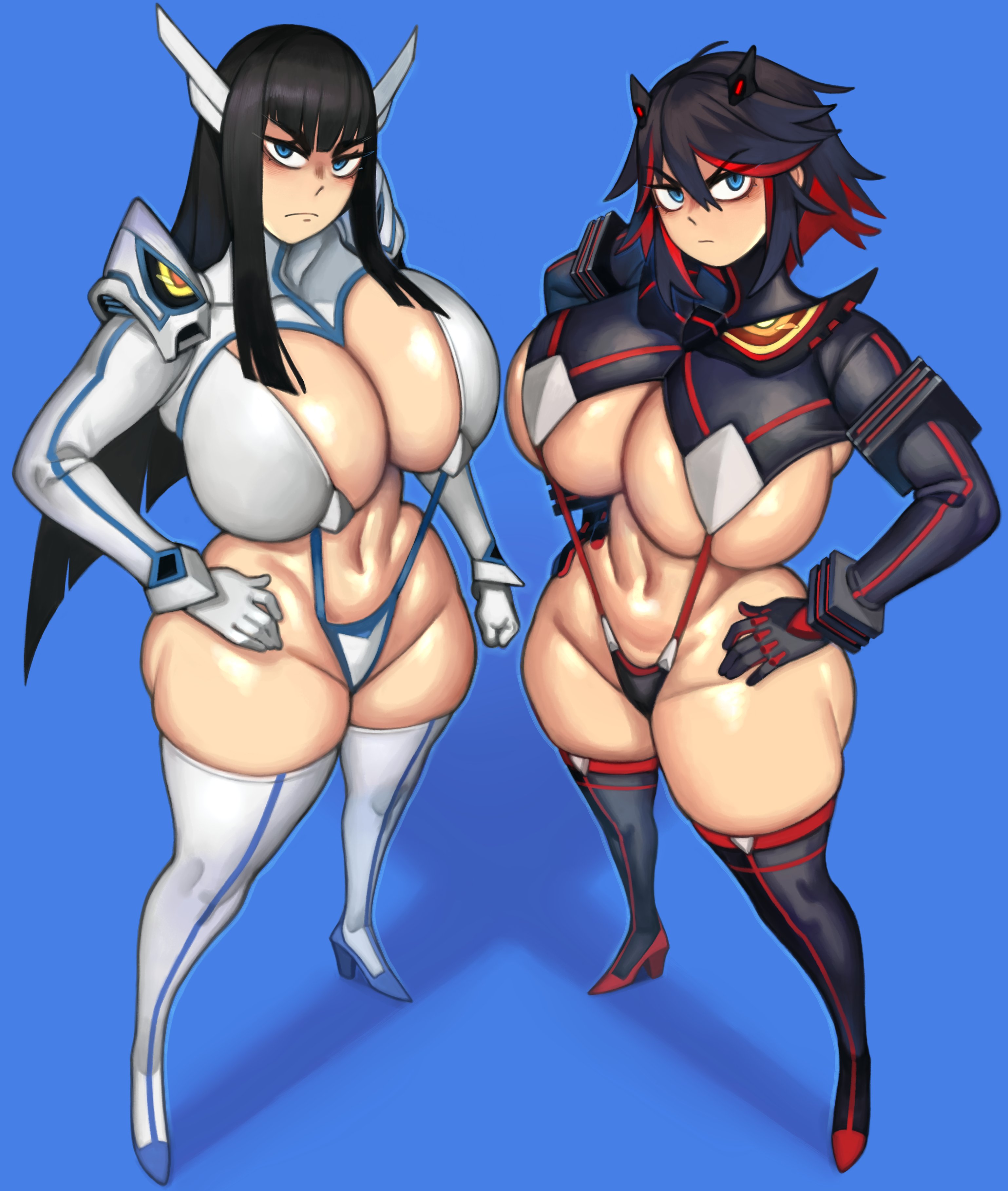 2girls, armwear, barely contained, big ass, big boobs, big breasts, big butt, big thighs, blue background, blue eyes, hand on hip, hands on hips, huge ass, huge breasts, junketsu, kelvin hiu, kill la kill, kiryuuin satsuki, legwear, long hair, looking at viewer, matoi ryuuko, multiple girls, red highlights, senketsu, shiny, shiny skin, short hair, sisters, skimpy, skimpy clothes, skimpy outfit, sling bikini, slingshot bikini, slingshot swimsuit, thick, thick ass, thick butt, thick thighs, thigh boots, thigh highs, thighhighs, thighs, wide hips