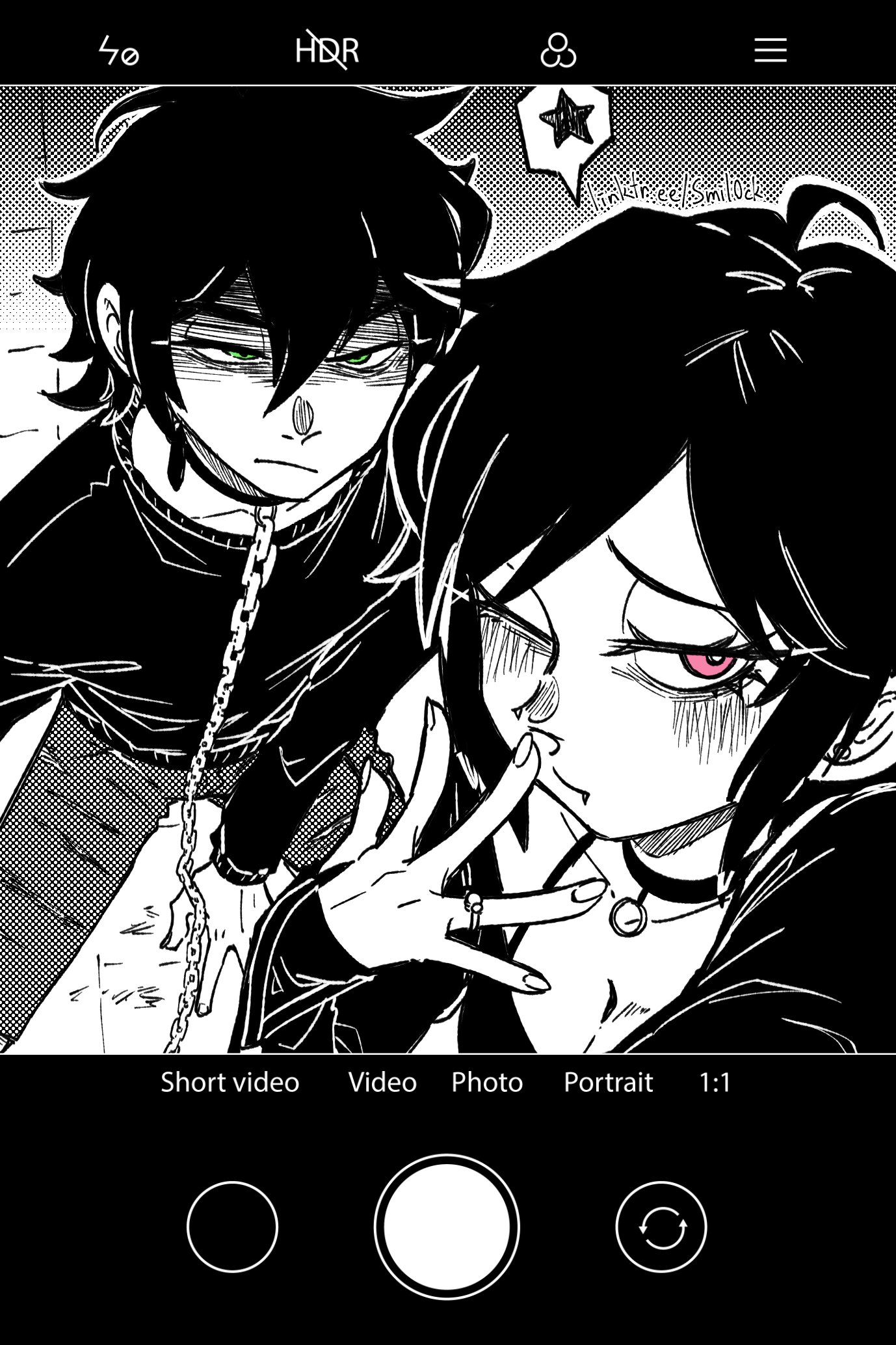 1boy, 1girl, andrew graves, ashley graves, black hair, black shirt, black sweater, blush, breasts, chain, choker, cleavage, commentary, english commentary, green eyes, hair between eyes, highres, jewelry, kneeling, medium hair, one eye closed, parted bangs, pink eyes, ring, shirt, short hair, smil0ck, sweater, the coffin of andy and leyley, viewfinder