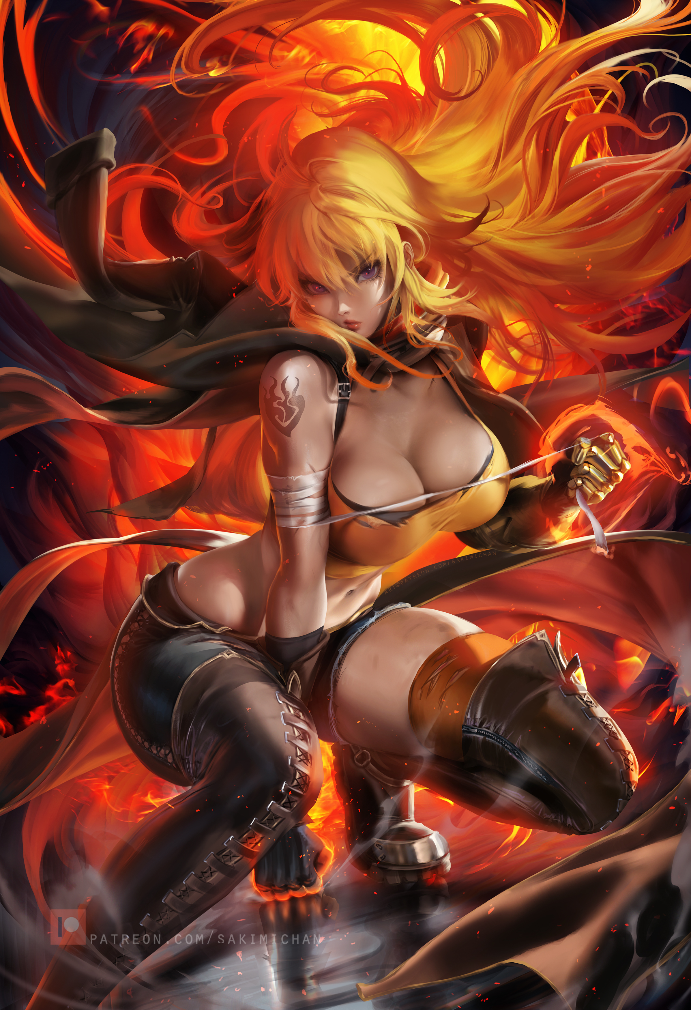 1girls, absurd res, bandage, big breasts, blonde hair, breasts, cleavage, female, female only, fire, large breasts, looking at viewer, prosthetic, prosthetic arm, robotic arm, rwby, sakimichan, solo, thighhighs, yang xiao long