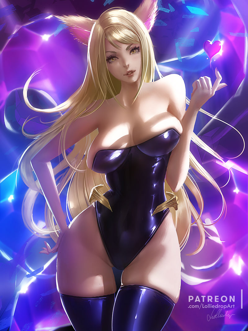 ahri, alternate costume, big breasts, blonde hair, breasts, cleavage, female, female only, k/da ahri, k/da series, large breasts, league of legends, lipstick, lolliedrop, looking at viewer, solo