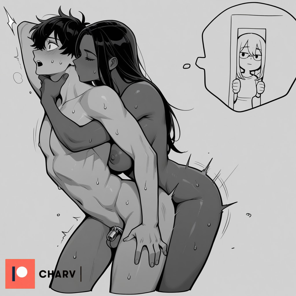 1boy, 1futa, 1girls, ai generated, arched back, big ass, big breasts, big penis, charv, chastity cage, dark skin, futa on male, futadom, futanari, interracial, long hair, monochrome, short hair