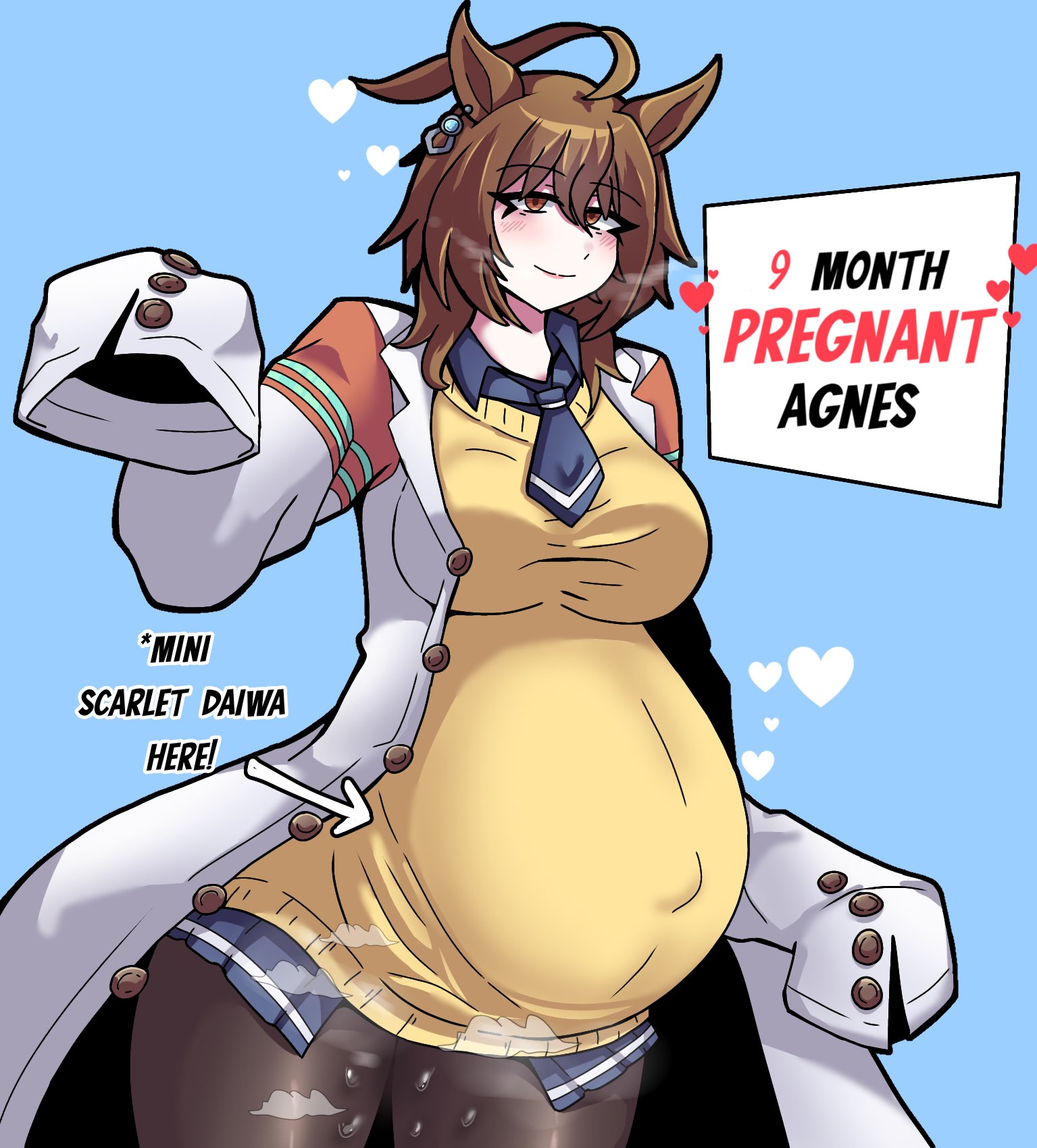 agnes tachyon (umamusume), big belly, big breasts, brown hair, horse ears, horse girl, horse tail, labcoat, popped navel, pregnant, pregnant belly, pregnant female, ready to pop, sleeves past fingers, sleeves past wrists, thigh highs, thighs, umamusume, umamusume pretty derby, wet
