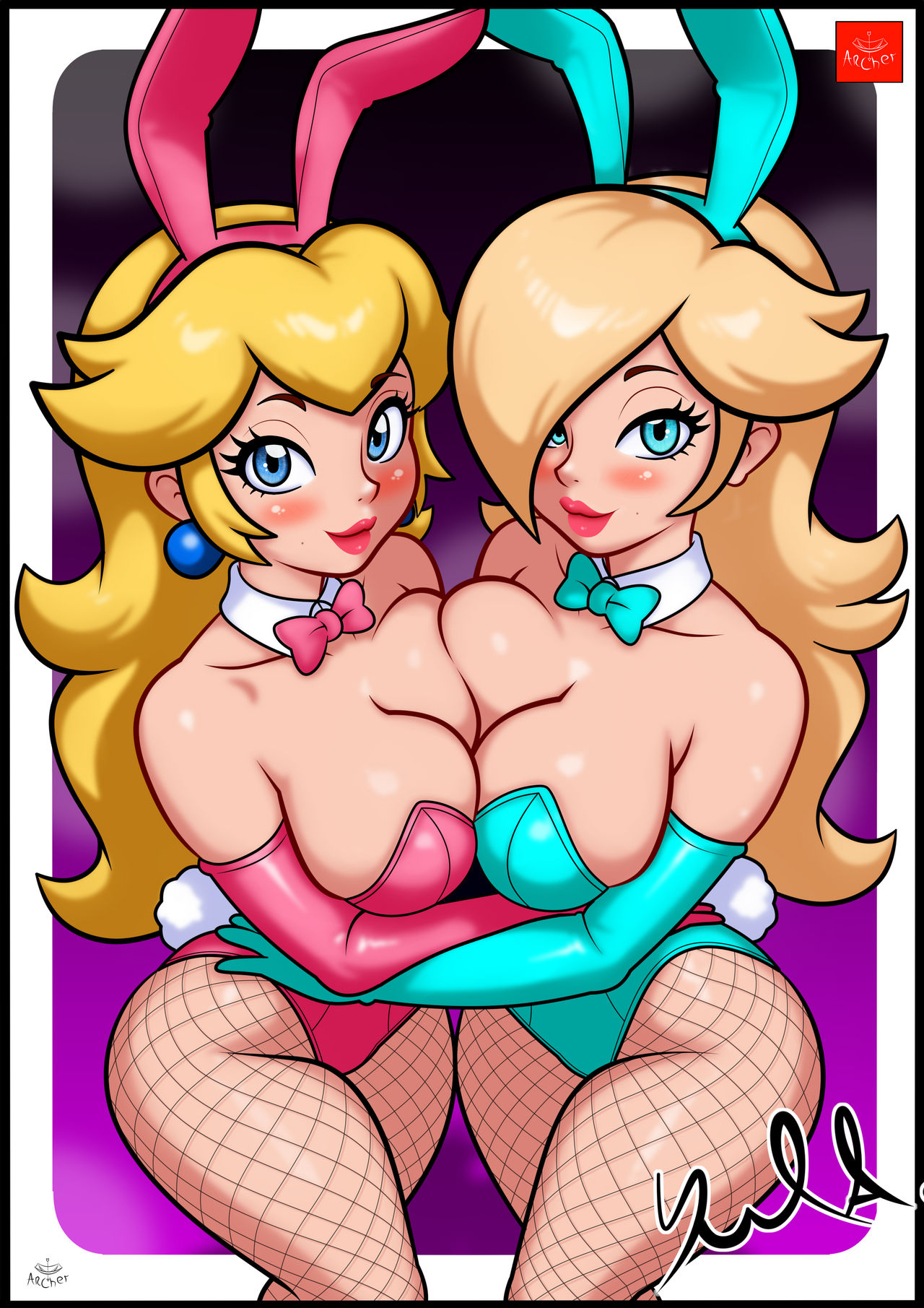 2girls, armwear, big breasts, blonde hair, blue bunnysuit, blue eyes, blue gloves, blush, breast to breast, breasts, bunny ears, bunny tail, bunnysuit, cleavage, ear piercing, earrings, elbow gloves, fake animal ears, fake tail, female, female only, fishnet legwear, fishnets, gloves, hair, hair over one eye, hand on waist, hips, legwear, lips, long hair, mario (series), neckwear, nintendo, pink bunnysuit, pink gloves, princess peach, princess rosalina, smile, star earrings, tail, yularcher