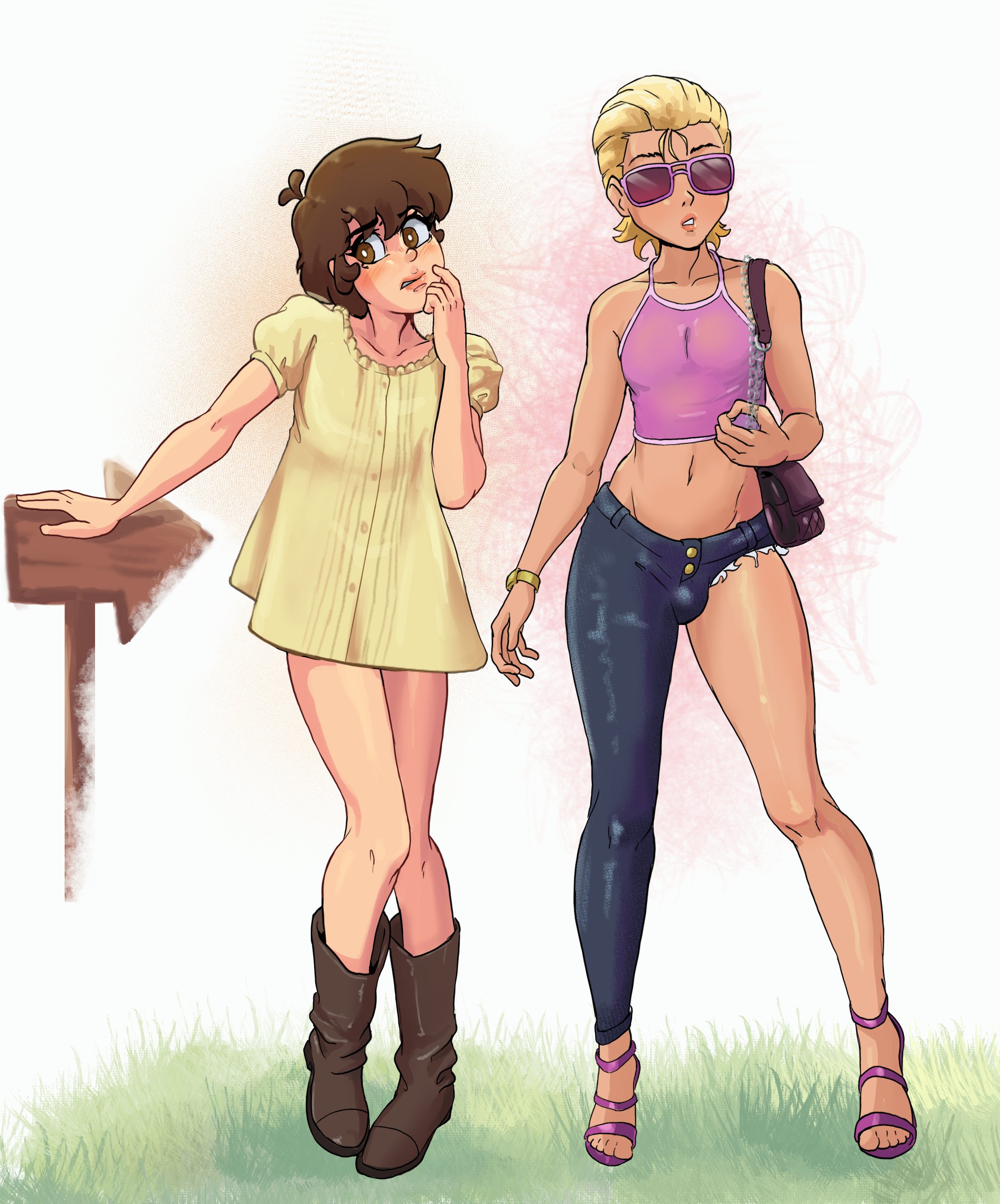 1boy, 1girls, aged up, bare midriff, blonde hair, boots, brown eyes, brown hair, bulge, dipper pines, disney, dress, female dipper, feminine male, full body, fully clothed, gearthefae, genderswap, grass, gravity falls, handbag, high heels, jeans, light-skinned female, light-skinned male, long legs, male pacifica, one sleeve, pacifica northwest, purse, rule 63, short hair, sign, simple background, standing, sunglasses, topwear