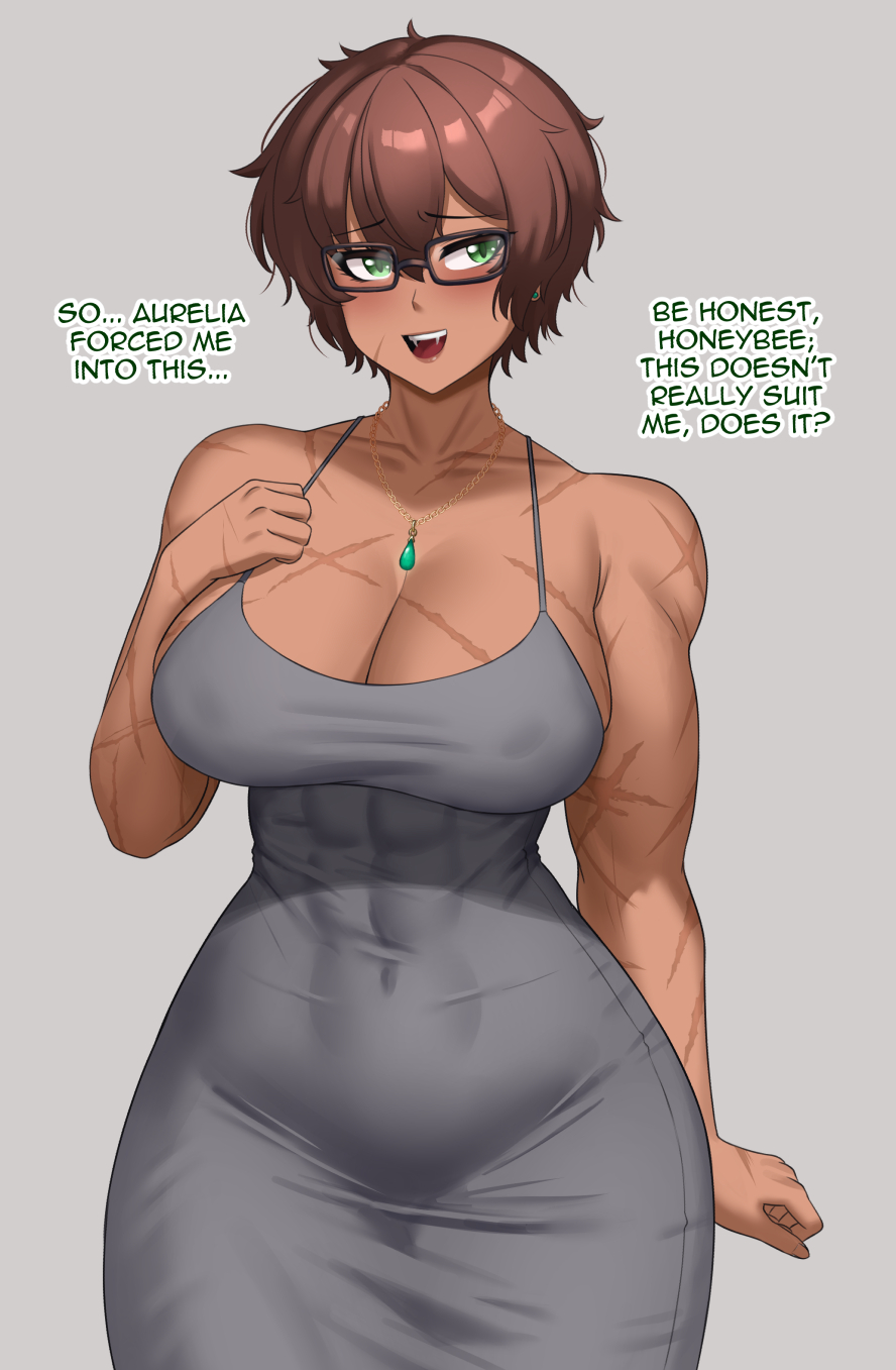 1girls, artist name, beatriz (cslucaris), big breasts, brown hair, cslucaris, dark-skinned female, dress, embarrassed, glasses, green eyes, grey dress, muscular female, oc, original, original character, scars, short hair, solo, speech bubble, tall female, watermark