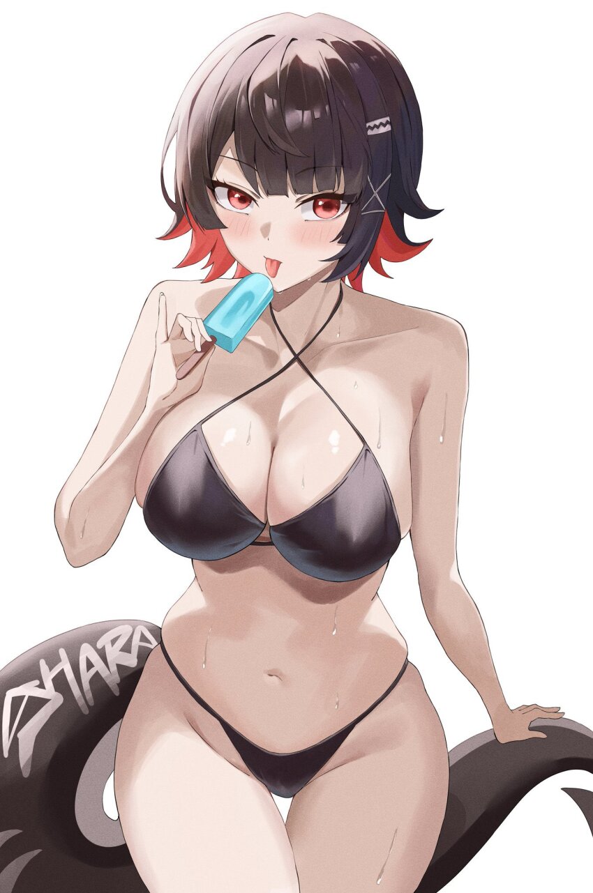 :p, 1girl, absurdres, alternate costume, bare shoulders, big breasts, bikini, black bikini, black hair, blush, breasts, collarbone, colored inner hair, commentary, criss-cross halter, ellen joe, erect nipples, female, female focus, female only, fins, fish tail, food, halterneck, higashiwun izumi, highres, hips, hips wider than shoulders, holding, holding food, holding popsicle, huge breasts, looking at viewer, maid tomboy, multicolored hair, navel, nipples visible through clothing, popsicle, red eyes, red hair, shark, shark girl, shark tail, short hair, simple background, solo, stomach, swimsuit, tail, thong, tomboy, tongue, tongue out, wet, white background, zenless zone zero