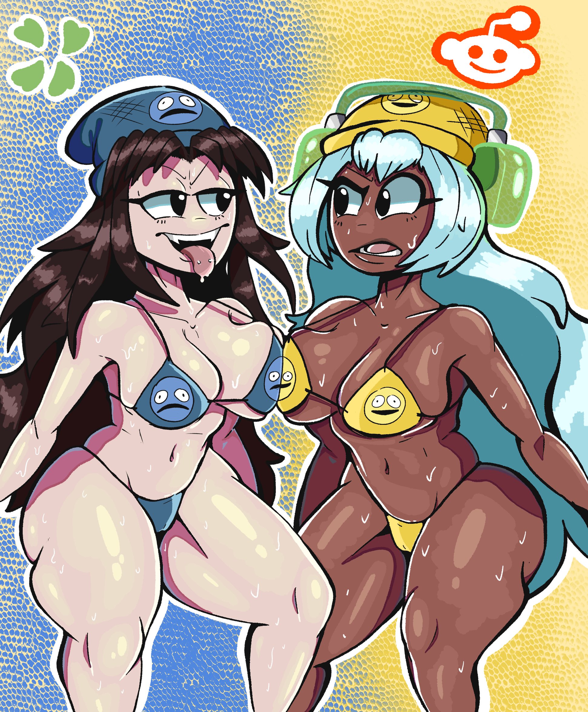 2girls, 4chan, bangs, beanie, big breasts, bikini, black eyes, breast press, breasts, brown hair, chocolate and vanilla, dark skin, dark-skinned female, dolly dimpley, fan characters, female, female only, ghoulishgoblin, glenda gloomy, headphones, large breasts, light skin, light-skinned female, long hair, long-haired female, looking at another, open mouth, reddit, smiling friends, smiling friends self inserts, sweat, sweaty, teal hair, thick thighs, tongue, tongue out, tongue piercing, wide hips