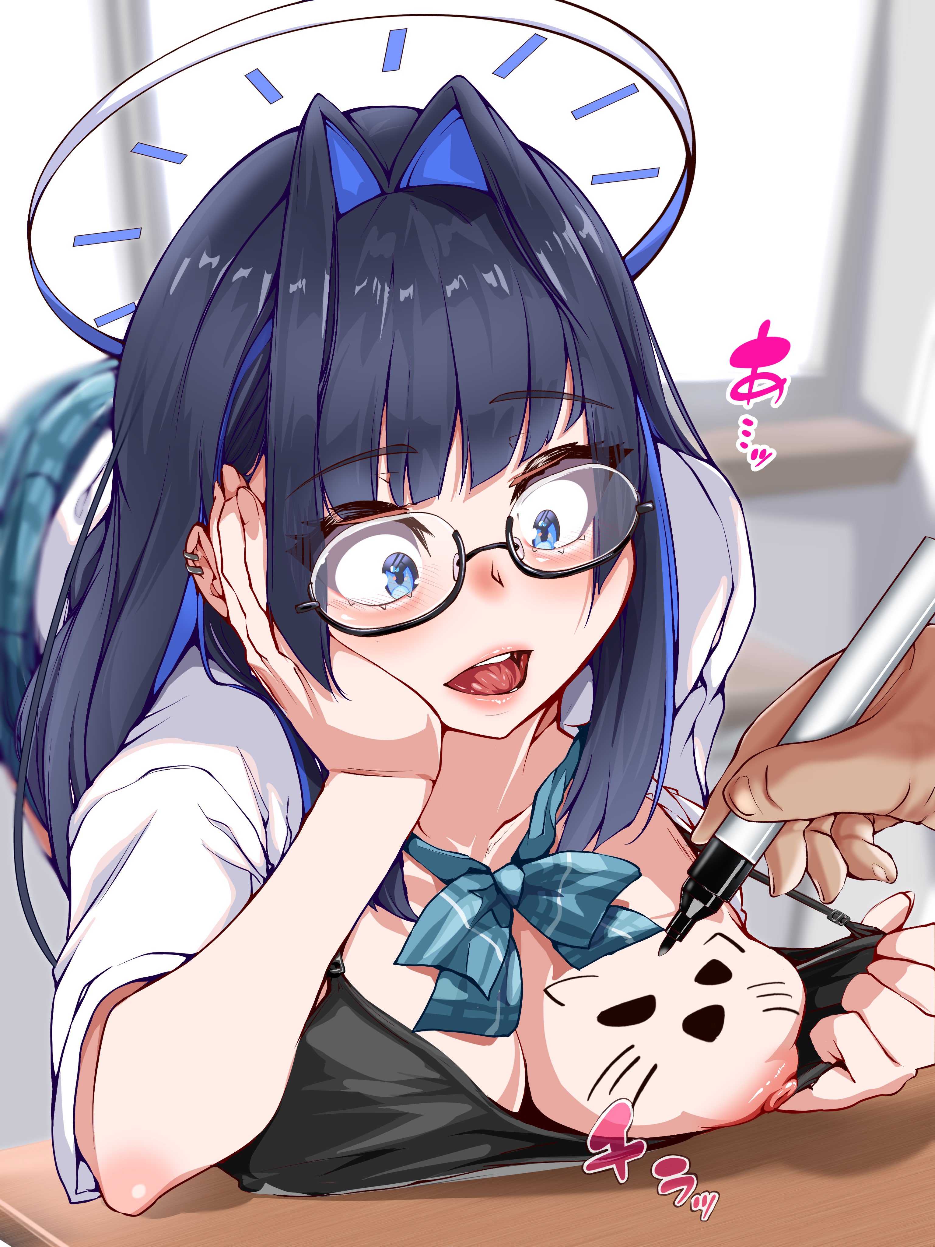 1boy, 1girls, areola, blue eyes, blue hair, blush, body drawing, breasts, chanwara 06, chanwara 06 (sabwara06/wara3977712), classroom, cleavage, desk, drawing, drawing on body, drawing on boob, eyebrows visible through hair, glasses, halo, happy, hololive, hololive english, hololive english -council-, hololive english -promise-, huge breasts, indoors, light skin, light-skinned female, light-skinned male, nipple, on desk, ouro kronii, school uniform, serafuku, shirt, skirt, uniform, virtual youtuber, white shirt