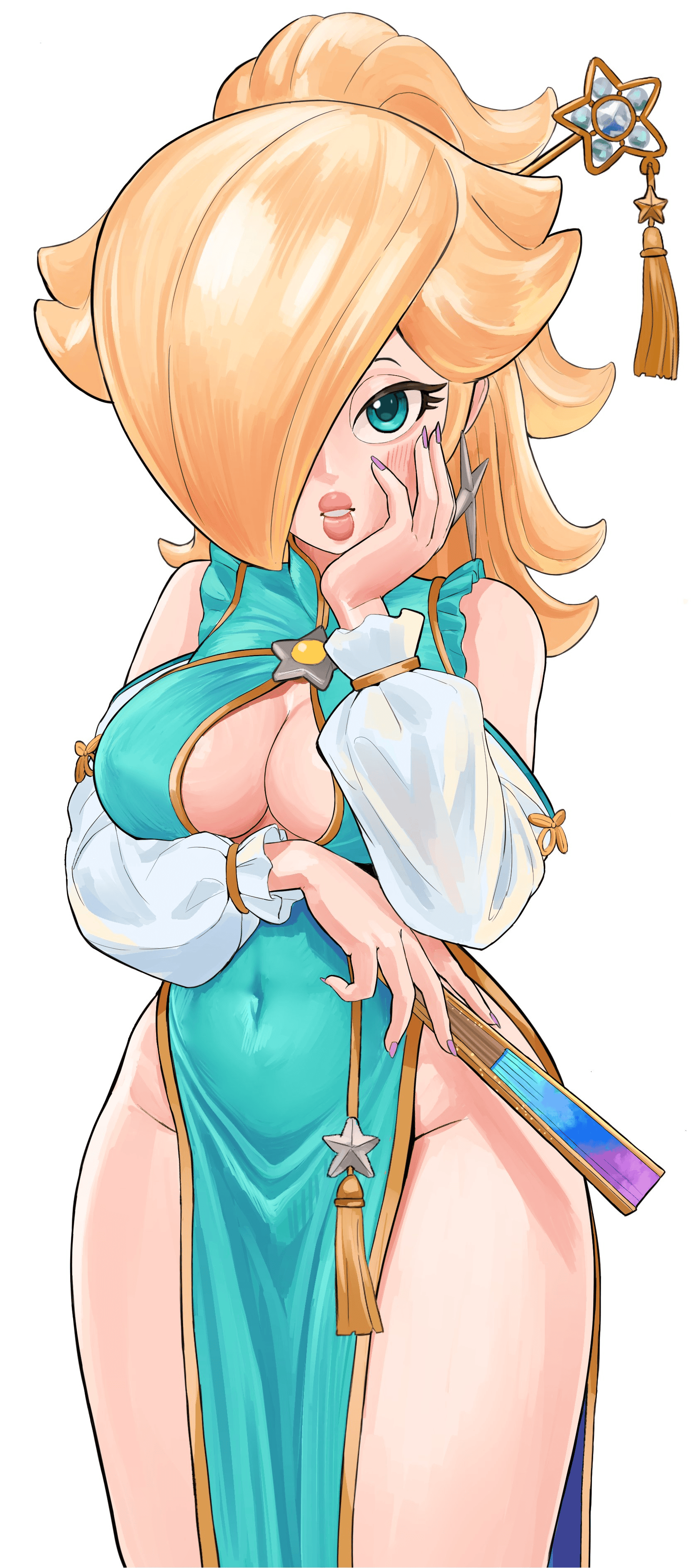 1girls, breasts, chinese dress, cleavage, female, female focus, female only, large breasts, light skin, light-skinned female, mario (series), mineru128127, open clothes, princess rosalina, solo, solo focus, super mario galaxy, thick thighs, thighs, wide hips