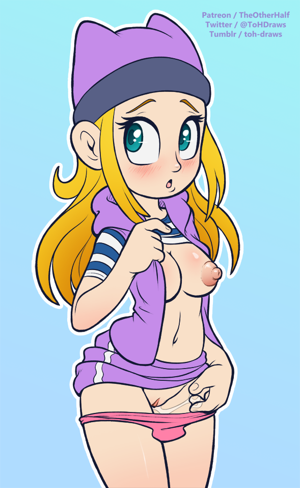 1girls areolae beanie blonde_hair blue_eyes blush blushing breasts cute digimon digimon_frontier female female_only izumi_orimoto masturbation navel nipples no_bra panties panties_down pink_panties pussy pussy_juice pussy_juice_trail shirt_lift skirt_lift solo striped_shirt the_other_half zoe_orimoto