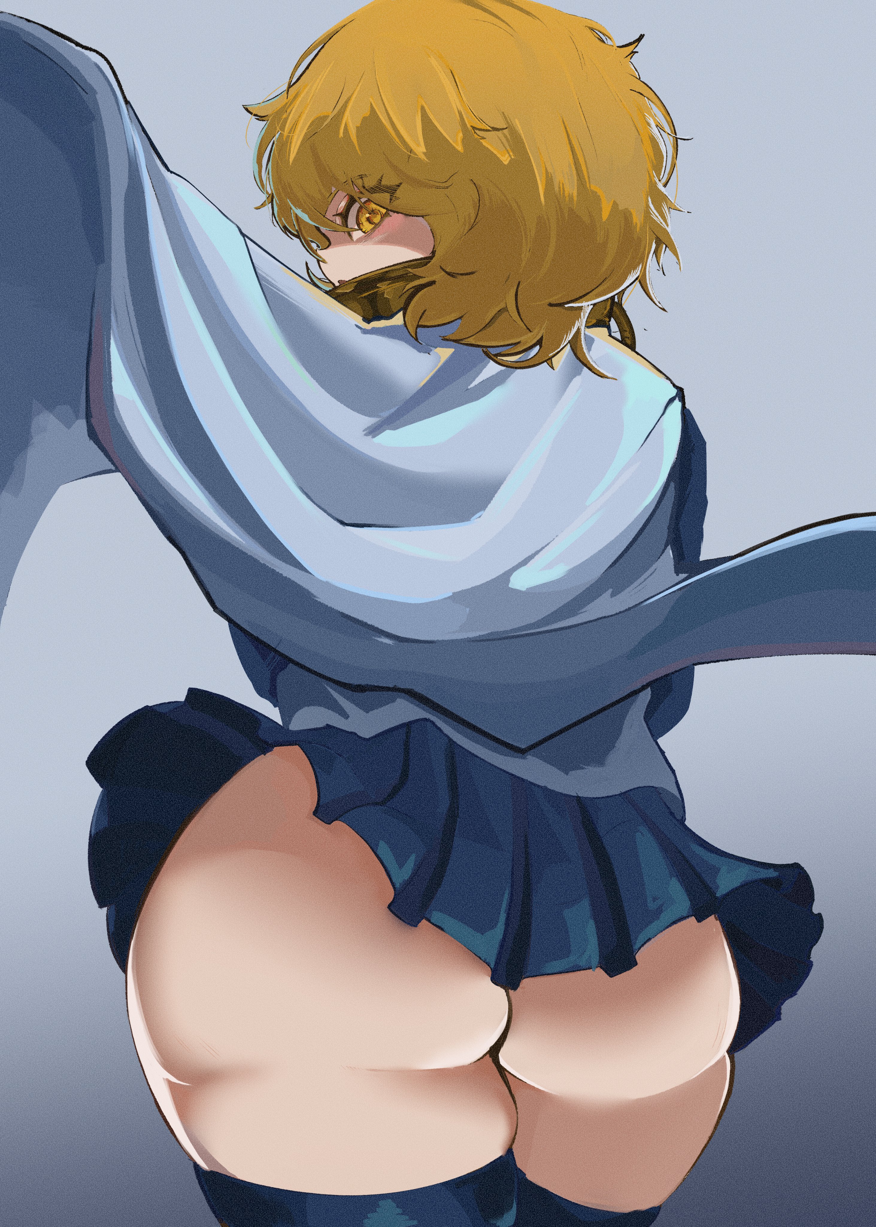 1girl, ass, ass focus, blonde hair, blue skirt, blue thighhighs, cape, chain, chain leash, don quixote (limbus company), dynamic pose, huge ass, index (identity) (project moon), index don quixote, leash, light blush, limbus company, looking back, pov, project moon, short hair, skirt, spread legs, teyo jominu, thick thighs, thighhighs, thighs, white cape, wide hips, yellow eyes