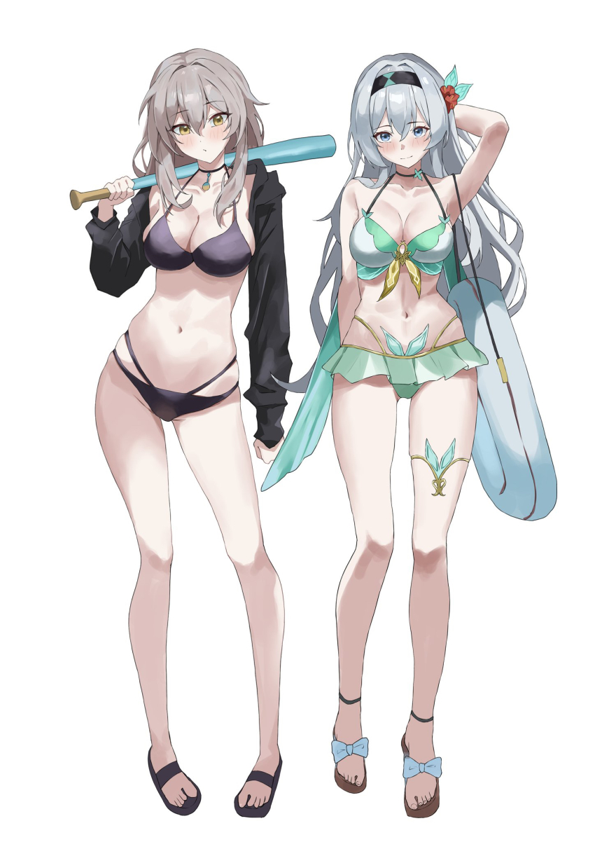 2girls, absurdres, alternate costume, aqua bikini, arms behind back, bare shoulders, baseball bat, belly, belly button, big breasts, bikini, bikini skirt, black bikini, black footwear, black jacket, blush, breasts, cleavage, closed mouth, confident, cropped jacket, cute, female, female focus, female only, firefly (honkai: star rail), full body, girlfriends, grey hair, hair between eyes, hand up, higashiwun izumi, highres, hips, hips wider than shoulders, holding, holding baseball bat, honkai (series), honkai: star rail, huge breasts, jacket, long hair, long sleeves, looking at viewer, multicolored eyes, multicolored hair, multiple girls, navel, one eye closed, parted lips, sandals, shy, silver hair, simple background, smile, solo, standing, stelle (honkai: star rail), stomach, swimsuit, thick thighs, thighs, thong, thong bikini, trailblazer (honkai: star rail), white background, yellow eyes, yuri