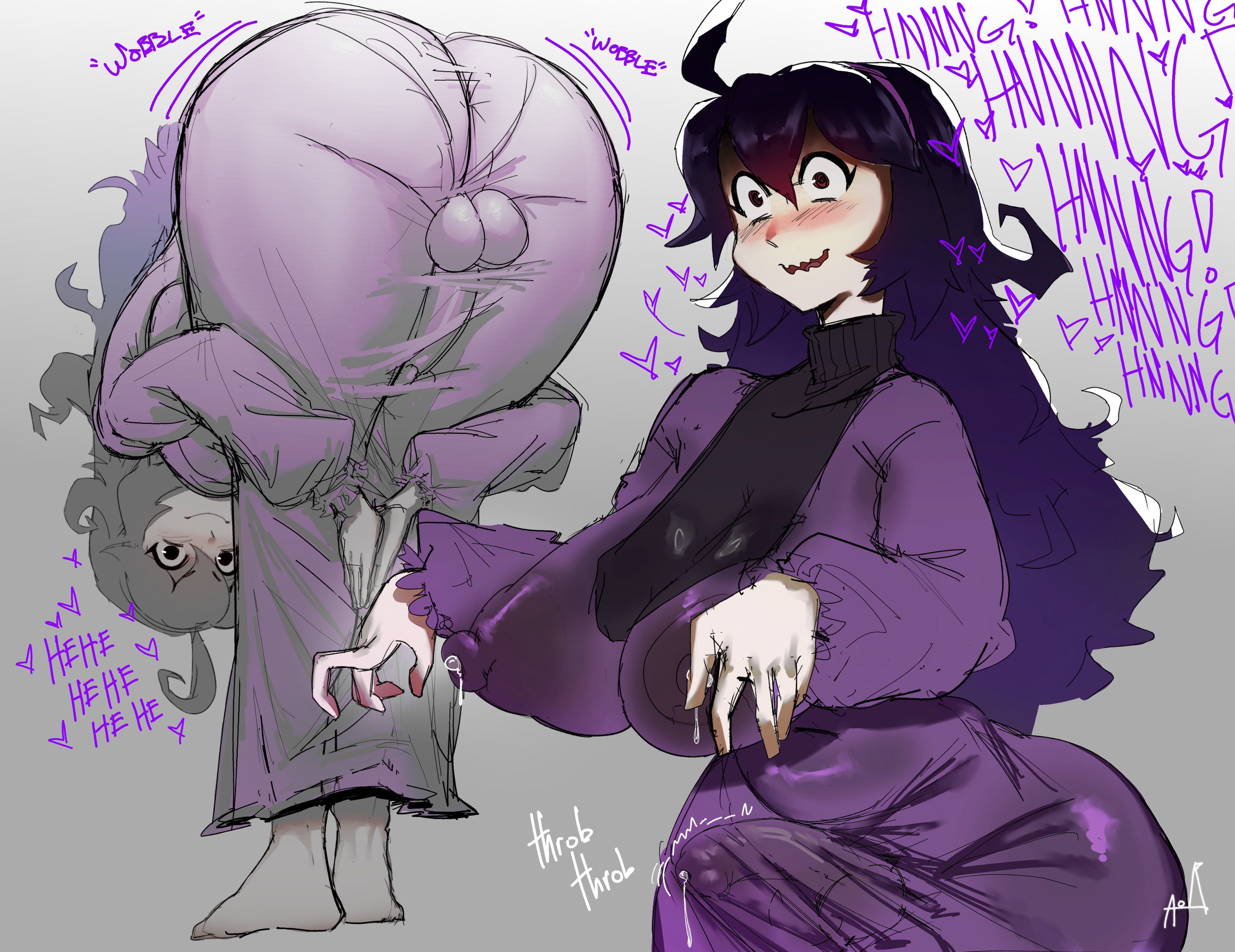 1futa, ahoge, ass, big ass, blush, breasts, bulge, bulge through clothing, bulge under clothes, dress, english text, erection, erection under clothes, erection under clothing, erection under dress, futanari, game freak, hairband, hex maniac, large penis, long dress, long hair, messy hair, multiple views, navesnor, nintendo, penis under clothes, penis under dress, plump, pokemon, pokemon xy, praise da booty (meme), precum, precum through clothing, purple hair, purple hairband, ribbed sweater, solo, solo futa, sweater, tenting, throbbing, throbbing penis