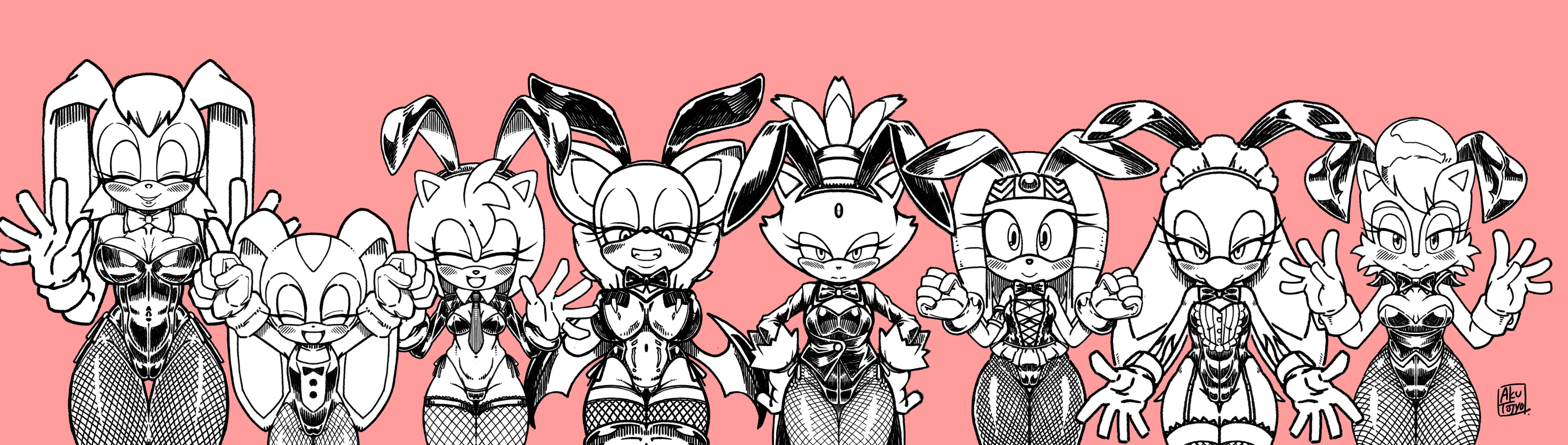 2023, 2d, 2d (artwork), 2d artwork, 6+girls, 8girls, amy rose, anthro, anthro female, anthro only, arms spread, bdsm, bdsm outfit, beak, big ears, blaze the cat, blush, blush lines, blushed face, blushing, blushing at viewer, blushing female, breasts, breasts focus, bunny, bunny costume, bunny ears, bunny girl, bunny suit, bunnygirl, bunnysuit, cat ears, cat girl, cat humanoid, catgirl, choose your own adventure, cream the rabbit, cub, daughter, embarrassed, female, female cub, female only, fishnet, fishnet clothing, fishnet legwear, fishnet stockings, fishnets, flat chest, flat chested, floppy ears, fur, furry, furry female, furry only, gloved hands, gloves, larger female, latex, mammal, matching outfit, milf, mobian, mobian (species), mobian bat, mobian cat, mobian echidna, mobian hedgehog, mobian rabbit, mother, mother (lore), mother and child, mother and child (lore), mother and daughter, mother and daughter (lore), multiple females, multiple girls, older female, older female and younger female, parent, parent and child, parent and daughter, pink background, rabbit, rabbit ears, rabbit girl, rabbit humanoid, rouge the bat, sally acorn, sega, size difference, skimpy, skimpy clothes, skimpy costume, skimpy outfit, smaller female, sonic (series), sonic the hedgehog (series), tengaikemono, tikal the echidna, tojyo, url, vanilla the rabbit, watermark, wave the swallow, young, young anthro, young female, younger female