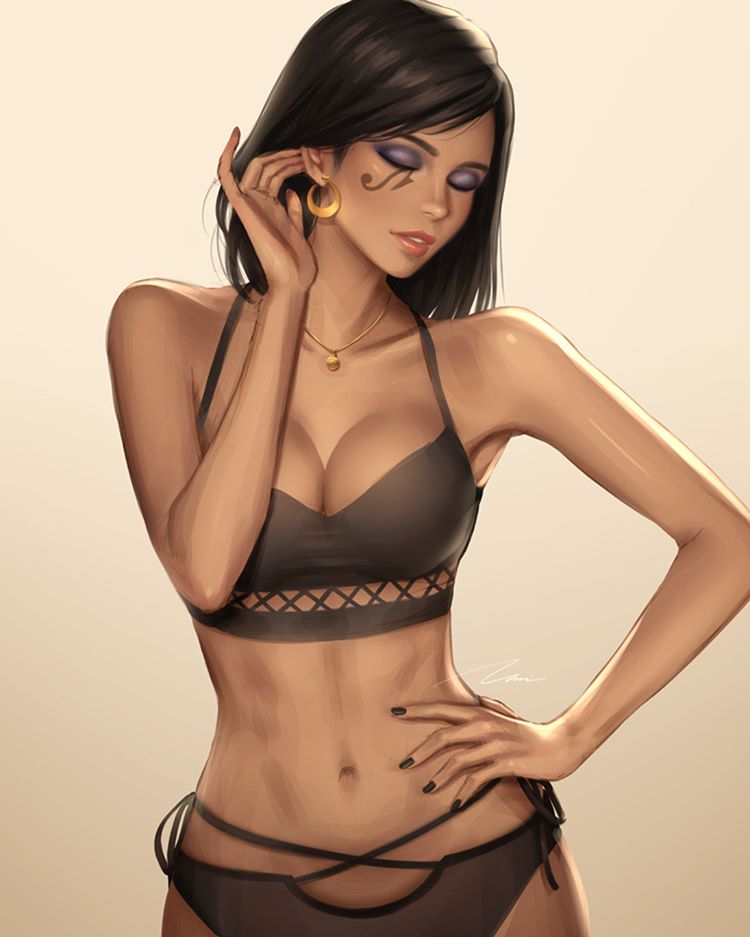 1girls, 2d, blizzard entertainment, brown hair, brown skin, dark skin, dark-skinned female, egyptian, female, lingerie, makeup, overwatch, overwatch 2, pharah, solo, umitaro