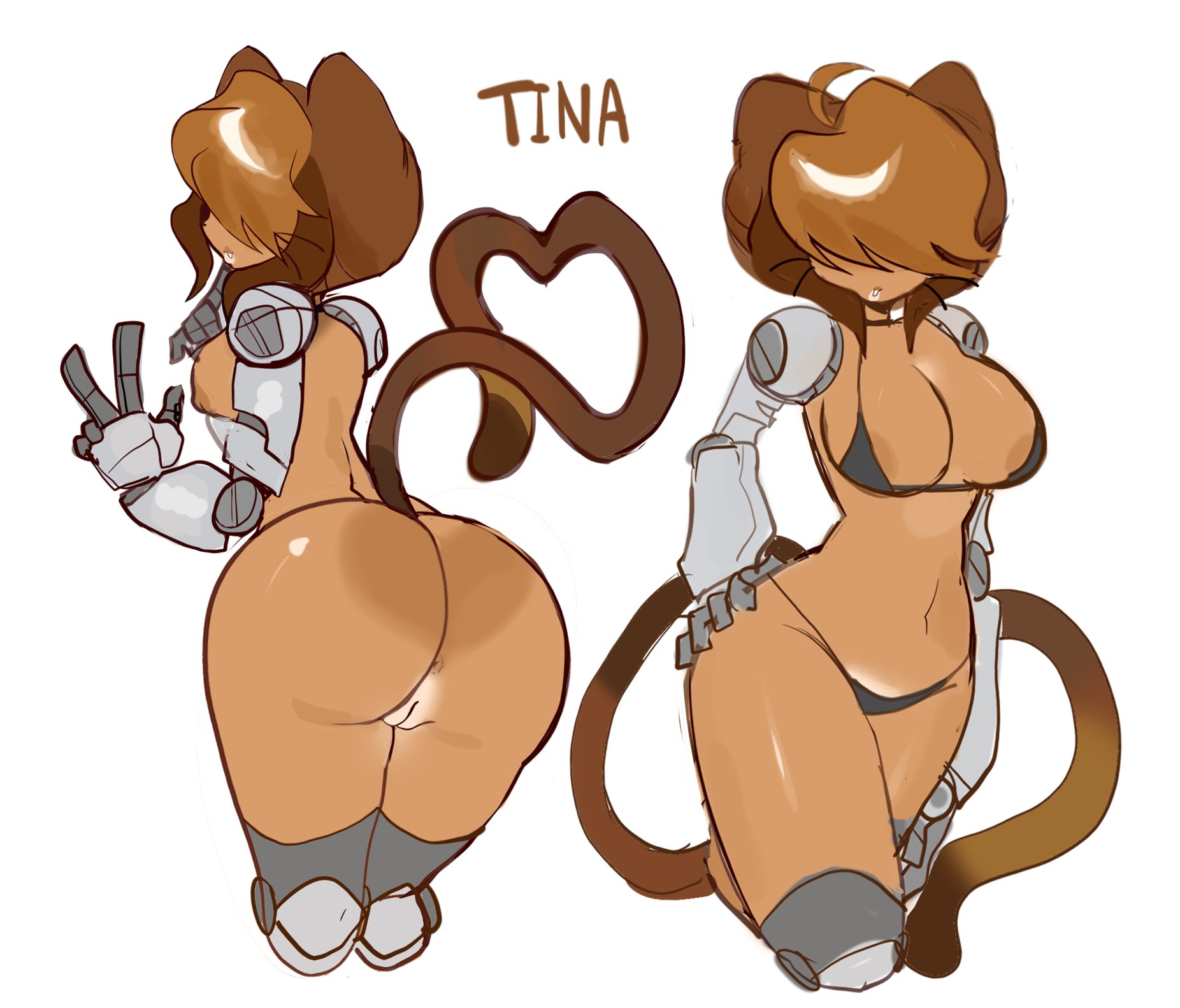 anthro, anthro female, anthro only, ass, big ass, big breasts, big tits, bikini, biscaity, black bikini, black bra, boobs, bra, brown body, brown bra, brown fur, brown hair, brown skin, cat ears, cat girl, cat tail, catgirl, dark-skinned female, female, female focus, fur, furry, furry only, gameoverse, hair over eyes, mechanical arm, mechanical leg, nude, nude female, pussy, solo, solo female, tail, tina (gameoverse), tina bodega, white background