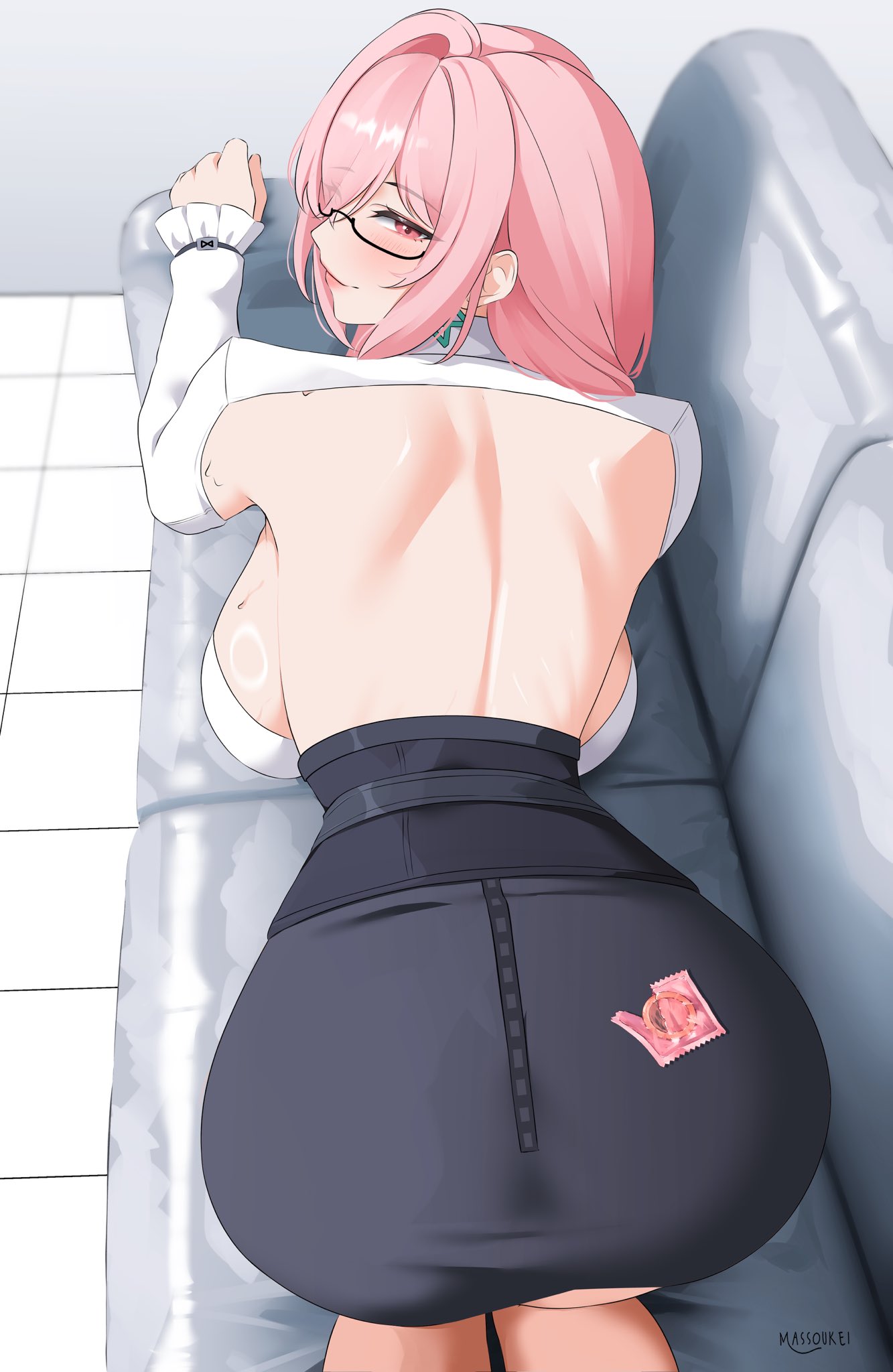 , 1girls, 2020s, 2026, 2d, 2d (artwork), 2d artwork, 5 fingers, artist name, asian, asian female, ass, back, back view, backboob, bedroom eyes, bending, bending over, big ass, big boobs, big breasts, big butt, big tits, big titties, blush, blush lines, blushing, blushing at viewer, blushing female, boobs, breasts, butt, clothed, clothed female, clothes, condom, couch, curvy, curvy body, curvy female, curvy figure, digital drawing (artwork), digital media, digital media (artwork), ears, eyebrows, eyeglasses, eyelashes, eyes, eyes open, female, female focus, female only, fingers, glasses, hips, hollow special operations section 6, hoyoverse, human female, humanoid, legs, light skin, light-skinned female, lips, lipstick, looking at viewer, looking back, looking back at viewer, looking up, looking up at viewer, massoukei, mihoyo, mihoyo technology (shanghai) co. ltd., miniskirt, no dialogue, office clothing, office lady, open back, open shirt, pink eyes, pink hair, pink hair female, sexually suggestive, shiny, shiny breasts, shiny skin, slim, slim female, slim girl, smile, smiling, smiling at viewer, suggestive, suggestive look, suggestive pose, suggestive posing, suggestive smile, sweat, sweating, text, tight clothing, tight fit, tits, tsukishiro yanagi, video game character, video game franchise, watermark, zenless zone zero