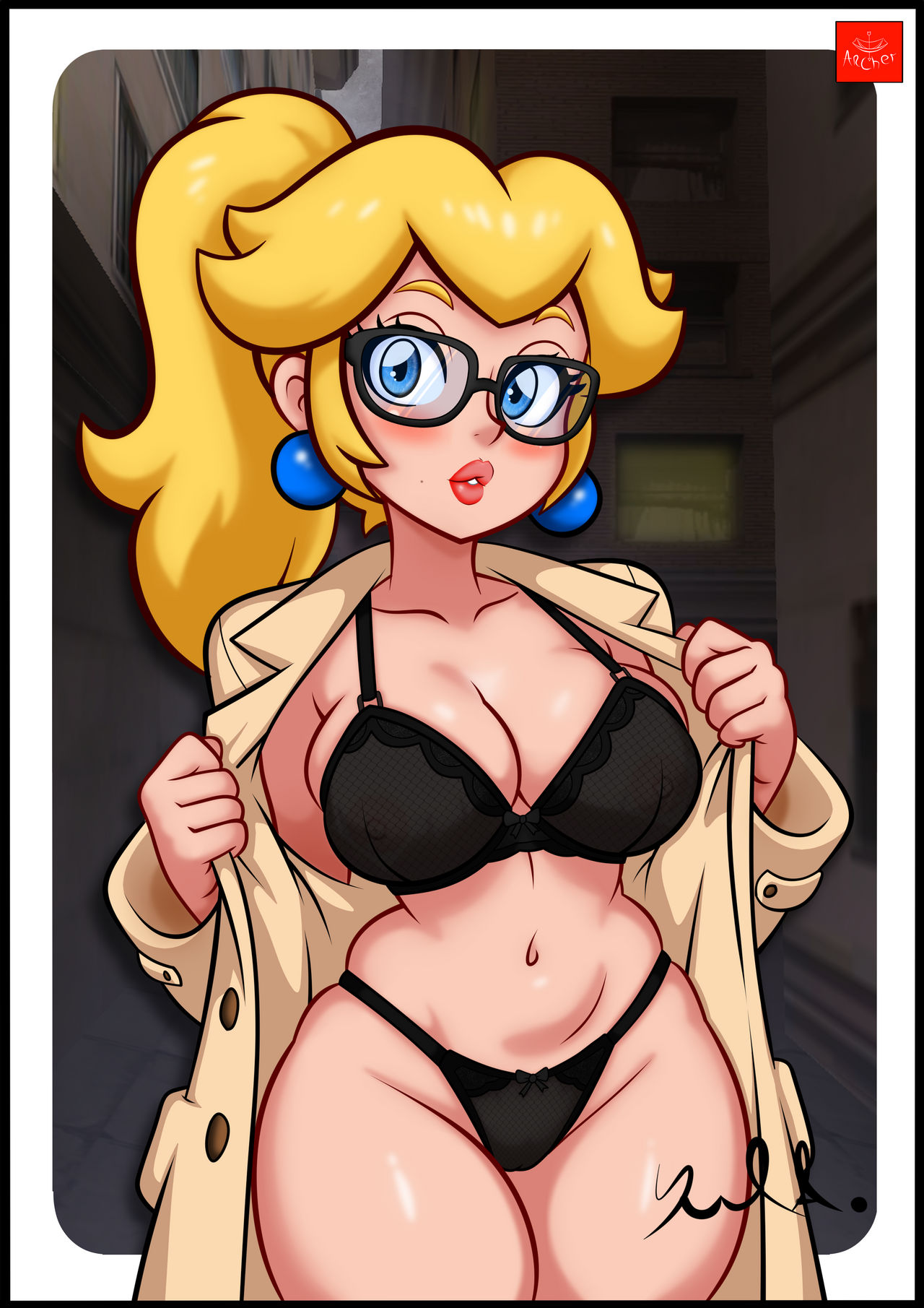 1girls, areolae, areolae visible through clothing, big breasts, black bra, black panties, blonde hair, blue eyes, bottomwear, bra, busty, child bearing hips, coat, ear piercing, earrings, exhibitionism, eyewear, female, female only, glasses, hair, hi res, hips, legs, lips, mario (series), mole, mole under mouth, navel, nintendo, nipples, nipples visible through clothing, open coat, panties, parted lips, pinup, ponytail, presenting, princess peach, solo, solo female, thick thighs, thighs, tied hair, topwear, underwear, voluptuous, yularcher